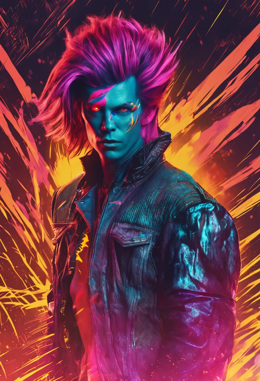portrait photo of Avatar man Jake Sully, ((lightning eye make up as Bowie style)), in punk outfits, hyper detailed skin, (((shiny skin))), hyper detailed hair, yellow eyes, side profile, looking at the camera, intense gaze, ((half-smile)), bright Pandora landscape in the background, 50mm portrait photography, hard rim lighting photography–beta –ar 2:3 –beta, hyper resolution, (((16K))), ((hyper sharp focus)), depth of field, bright colours,
