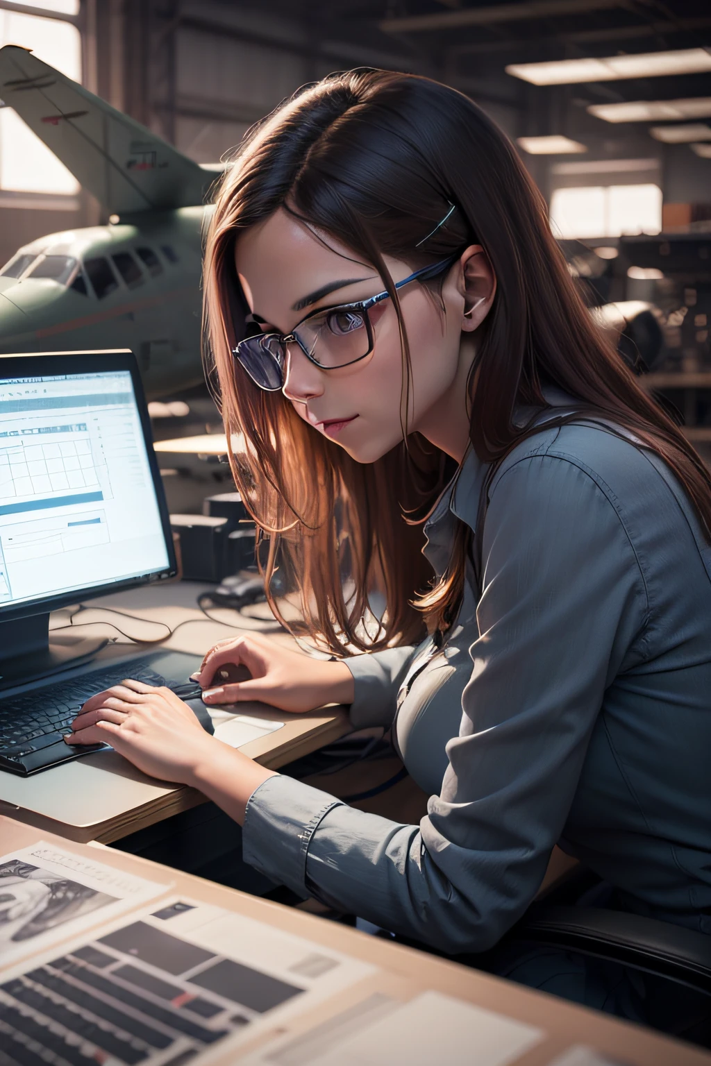 cad designer at an aircraft factory designing air craft parts on a computer, realistic HD hyperdetailed, woman