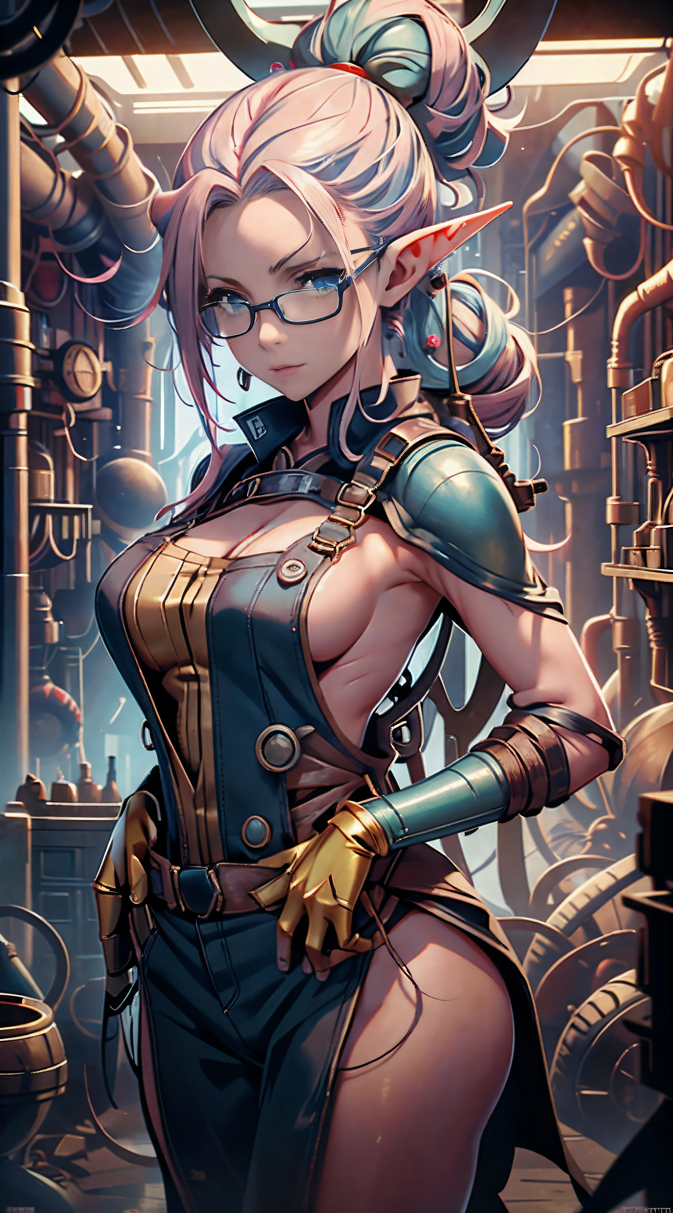Dirty female elf mechanic,Complex mechanical room,1girll, (Solo:1.5), Full body shot,, Wear only one overalls,, Blue eyes ,Slim figure,Large breasts, Glasses, Hair combed into a messy bun,Golden hair,slimfigure,rimless eyewears,Covered in oil,Dimly lit room。A pink-haired