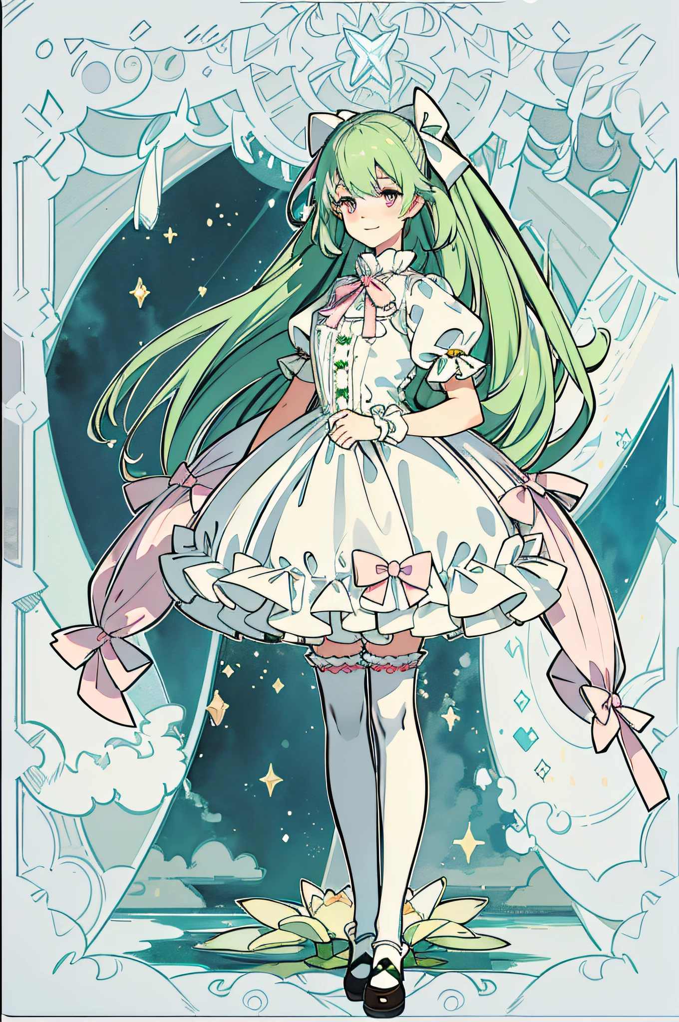 {{Masterpiece}}, (ultra - detailed)1girll, ((High quality ta, ribbon, White stockings)), (long whitr hair, Green hair, Pink eyes, dual horsetail,adolable, ssmile),(Watercolor texture), (Masterpieces, Fantasy world, Hyper-Resolution), Pond background, Lotus foreground