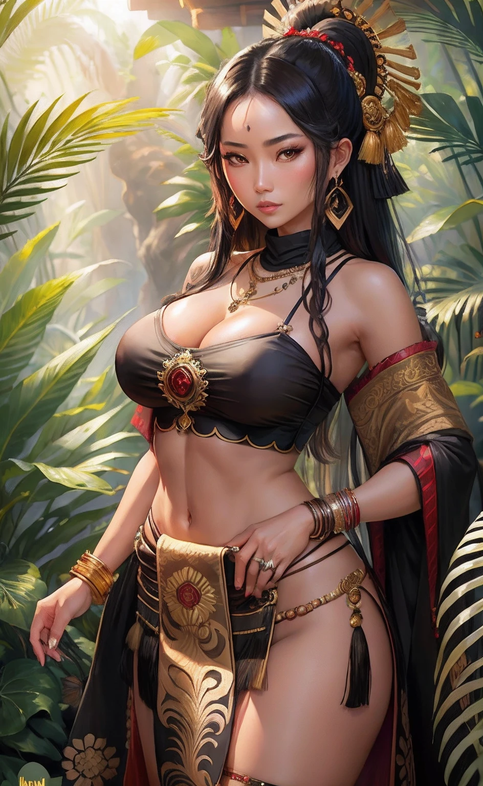 ((Masterpiece - Illustrations - Detailed - Best Quality)) - Anime Style - Genshin Impact Style - Milf Woman - Sundanese Tribe - Dayaknese Tribe - Long Black Hair - Dark Brown Skin - Stunning Look - Traditional Wear Indonesian - poncho - Black Indonesian skirt - Sash At Waist And abdomen - With Tattoos On Her Body - Closed Huaraches - Perfect Finger and eyes look - Gold Bracelets, earrings and necklaces - imposing presence - Jungle petals in the environment - 3D Render