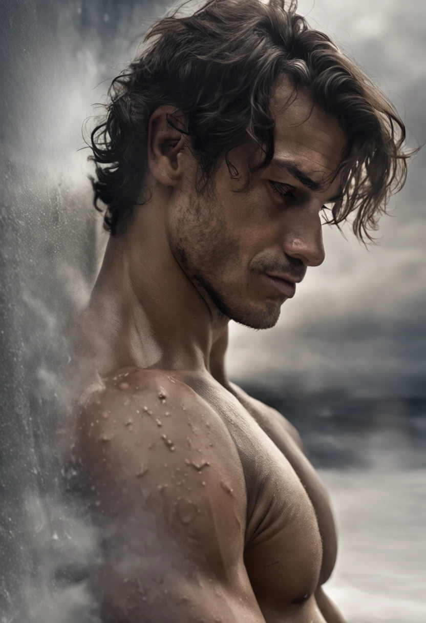 handsome young man looking down, naked torso, full length portrait, low camera angle, bottom view, bottom view, hands on either side of the photographer, deep shadows, darkness (transparency) (moonlight: 1.3), award-winning POV , intricate, detailed, stunning, fine details, highly detailed face, sensual, evocative, extremely detailed eyes and face, piercing gaze, tousled hair, muscular body, perfect center, nikon d850 film, lens, porter 400 1.6, rich colors , ultra-realistic texture, spectacular, bright, popular in station art: zinc up to 800 (facial transparency: 1.5), anatomical masterpiece, window light, hair texture, wet hair (wet hair), hanging), model style ( highly detailed CG wallpaper Unity 8k), popular on ArtStation, popular on CGSociety, Intricate, High Detail, Sharp focus, dramatic, photorealistic painting by Midjourney