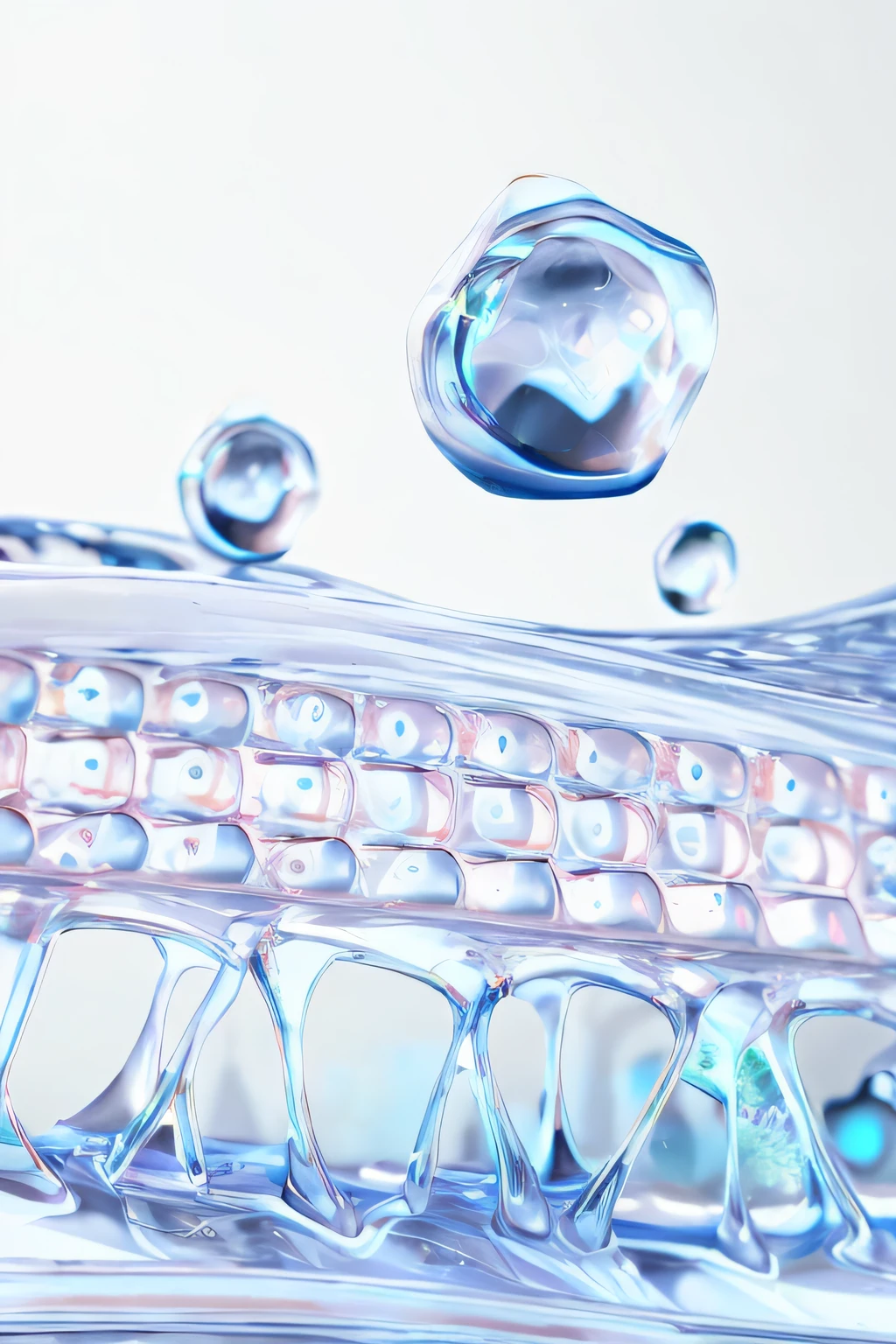 There is a close-up of a glass object with water droplets, 3 d fluid simulation render, soft iridescent membranes, bubbling skin, water bubbles, water particulate, water bubbles, bubbling liquids, liquid simulation, The droplets run down the bottle, soft opalescent membranes, fluid simulation, Glossy surface, water particulate
