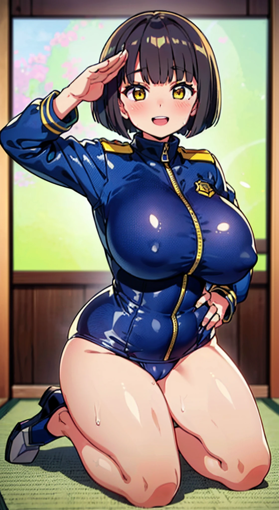 (Perfect body),Best Quality,(8K Portrait),(anime screen cap)、((Police Woman)),blush,Sweat,((large udder))、(Dark hair),((bob cuts))、Yellow eyes,(thick thighs),(((Navy Blue High Leg Swimsuit)))、adult  woman、((A smile))、Cowboy Shot、((saluting))、((((Left hand on hip))))、((((Kneeling))))、(Navy blue jacket)、showing teeth、(((Wink)))、(((Chibi)))