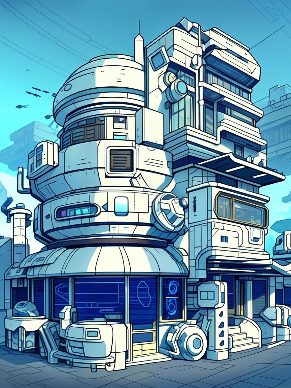 Drawings of a building with many windows，There was a car parked outside, line work concept art, anime city lineart, hyper detailed line art, Futuristic outpost building, stylized linework, overwatch building, Detailed 2D illustration, highly detailed linework, concept art highly detailed, borne space library artwork, Ultra detailed concept art, detailed cyberpunk illustration