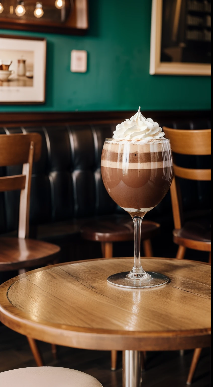 Shot of a drowning in a round goblet, Photo of a white cup of hot chocolate, on a round polished wooden table, two vintage chairs, in a vintage cafe