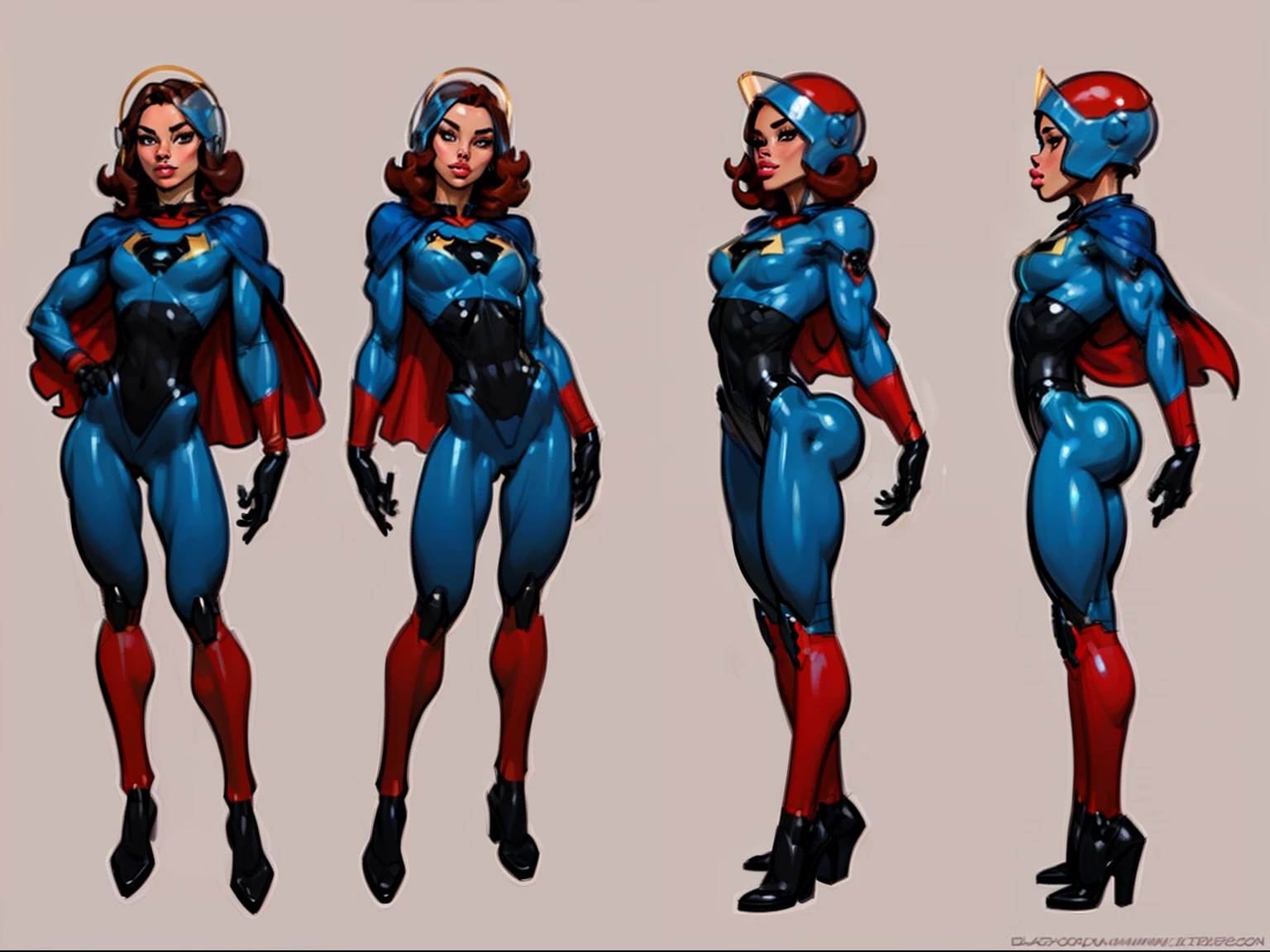 ((masterpiece)),(((best quality))),((character design sheet)), ((full body view)) illustration,1girl, muscular, ((black bodysuit:1.5)), superhero, (short curly red hair:1.4), (blue cape:1.4) ((detailed face:1.4)) beautiful woman, (helmet:1.6) (small head:1.2)(flat breasts:1.3)(blue thighhighs:1.3)shiny skin, (blue logo on chest:1.4),scribbles and marks, (puffy lips:1.5), (full lips:1.4) (wide hips:1.3), big lips, detailed lips, (red gloves:1.2) rough sketches, pose, 8k,16k, (simple background, white background: 1.3)