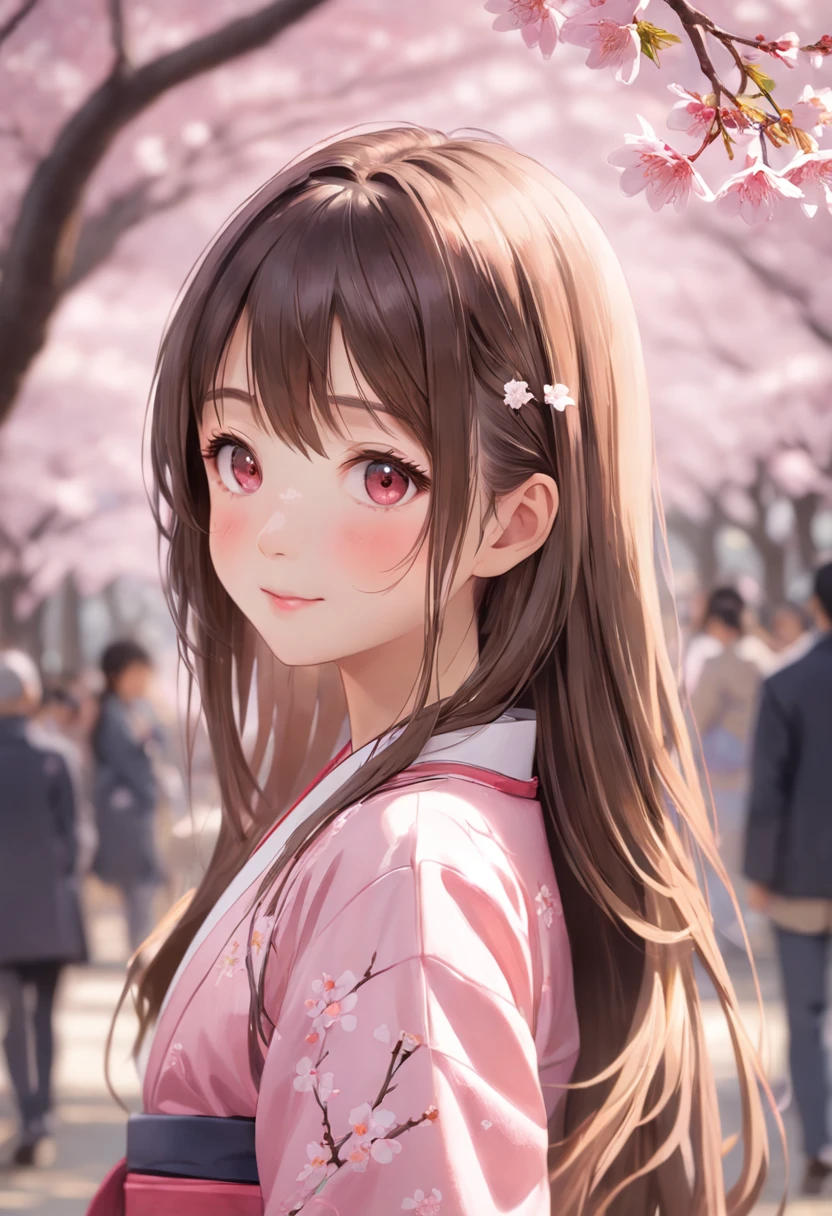 (Masterpiece, Daylight portrait:1.3), (A charming image of a Japanese teenager under cherry blossoms:1.2), (Sony A6400 camera, Known for its fast autofocus and detail preservation:1.2), (Paired with Sony E 50mm f/1.8 OSS lenses，Captures clear and detailed portraits:1.2), (Long, Smooth brunette hair is layered smoothly, intricately details:1.1), (Fine hair sparkles in the light:1.1), (The symmetrical face is decorated with professional makeup:1.1), (A delicate figure dressed in a traditional Japanese school uniform:1.1), (Shiny hair catches the sun，Rejuvenate:1.1), (A charming smile exudes real warmth:1.1), (The vibrant cherry blossoms outline the tranquil scene:1.1), (Peaceful park setting, Vibrant with spring colors:1.1), (The camera's sensors capture the meticulous intricacies of her facial features and dress:1.1), (The camera focuses on her smile, Capture its natural charm:1.1), (Instantly frozen in time, Embodies the beauty of youth and nature:1.1), (A harmonious blend of cultural elegance and joyful authenticity:1.1), (A portrait that captures true happiness under the cherry blossoms:1.1)