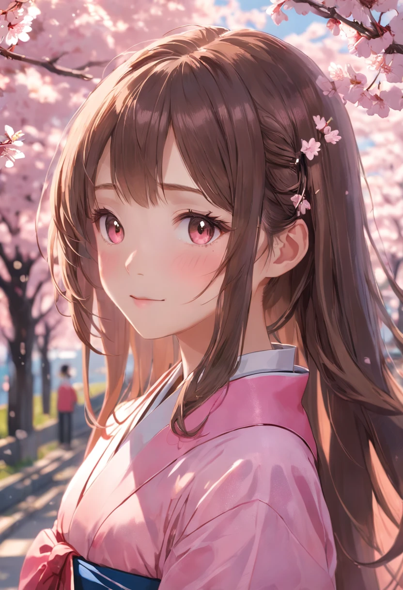 (Masterpiece, Daylight portrait:1.3), (A charming image of a Japanese teenager under cherry blossoms:1.2), (Sony A6400 camera, Known for its fast autofocus and detail preservation:1.2), (Paired with Sony E 50mm f/1.8 OSS lenses,Captures clear and detailed portraits:1.2), (Long, Smooth brunette hair is layered smoothly, intricately details:1.1), (Fine hair sparkles in the light:1.1), (The symmetrical face is decorated with professional makeup:1.1), (A delicate figure dressed in a traditional Japanese school uniform:1.1), (Shiny hair catches the sun,Rejuvenate:1.1), (A charming smile exudes real warmth:1.1), (The vibrant cherry blossoms outline the tranquil scene:1.1), (Peaceful park setting, Vibrant with spring colors:1.1), (The camera's sensors capture the meticulous intricacies of her facial features and dress:1.1), (The camera focuses on her smile, Capture its natural charm:1.1), (Instantly frozen in time, Embodies the beauty of youth and nature:1.1), (A harmonious blend of cultural elegance and joyful authenticity:1.1), (A portrait that captures true happiness under the cherry blossoms:1.1)