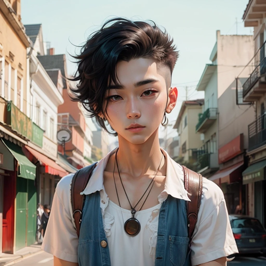 anime Kpop boy, fade cut hair, blue long tied hair --auto --s2
