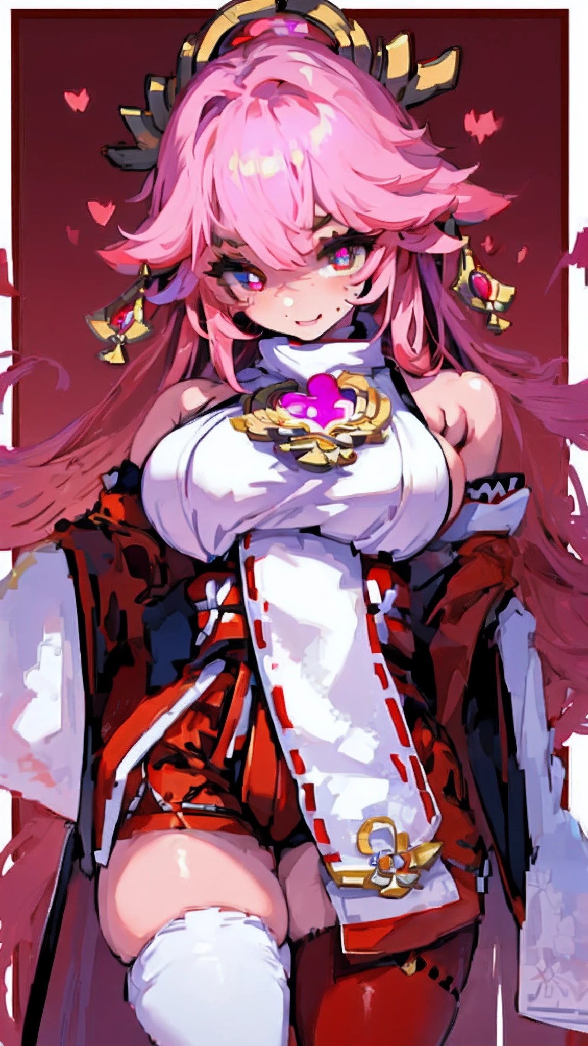 yae miko,pixal style ,(A white border around a dark red rectangular background：2.5),The shirt，Evil smile，cropped shoulders，C cup，Ultra shorts，black lence stockings，High detail,Moles under eyes, Heart-shaped pupils，Love pupils，Fleshy thighs,highly rendered，detailed face with