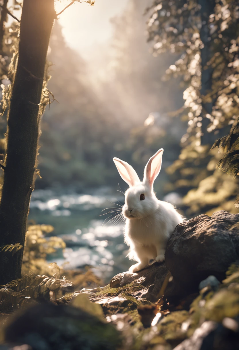 Classic negative portrait photo, fantasy video game character concept art, a cute white fluffy rabbit with a small brown leather backpack looking at a map hiking through the forest, dungeons and dragons, fantasy, river, haze, halo, Bloom, dramatic atmosphere, dark fantasy film of the 1970s, centered, rule of thirds