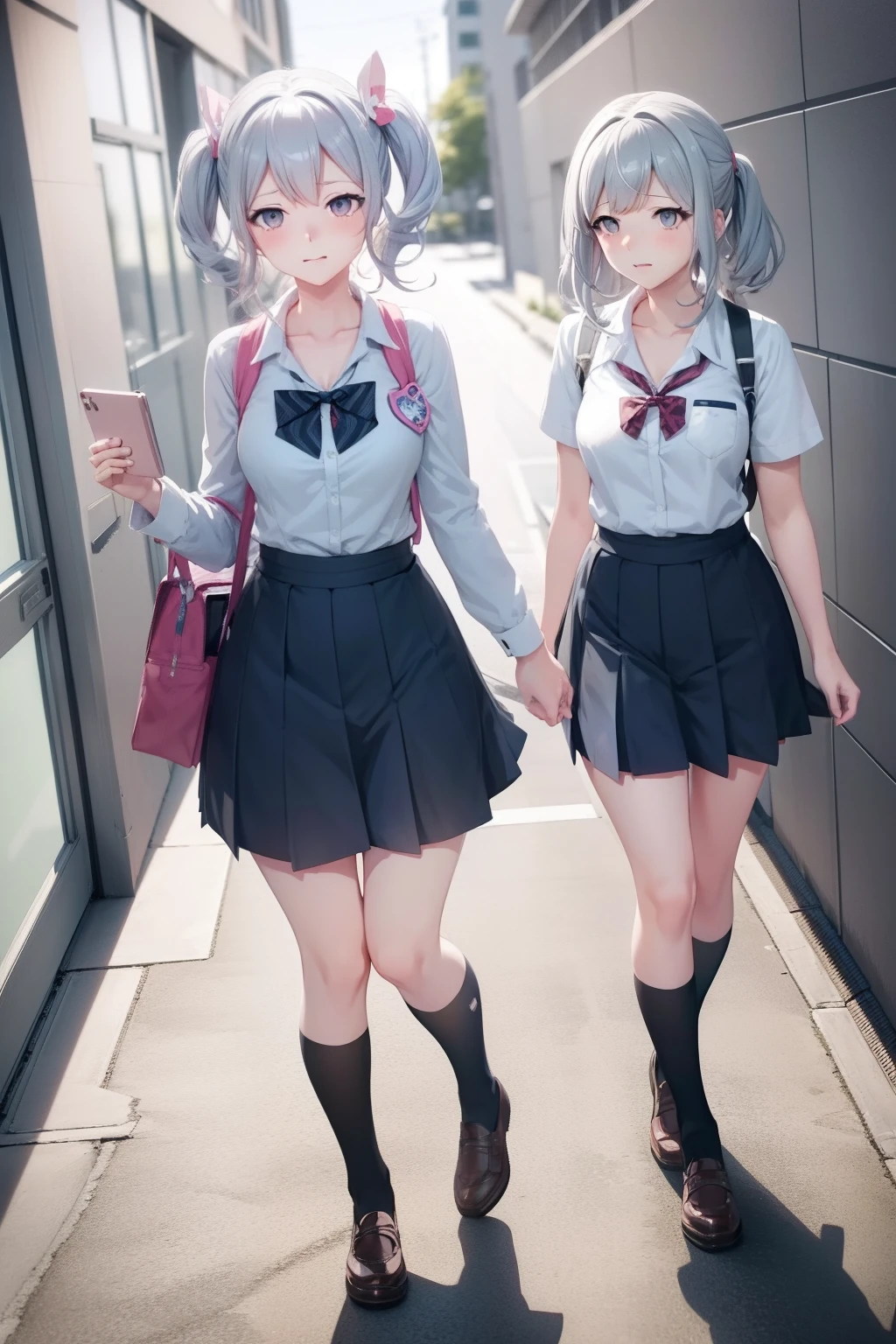 Anime character with gray hair and bow tie in school uniform, chiaki nanami from danganronpa, digital art from danganronpa, kantai collection style, akane owari danganronpa, render of a cute 3d anime girl, hyperrealistic schoolgirl, render of april, Nyaruko-san, single character full body