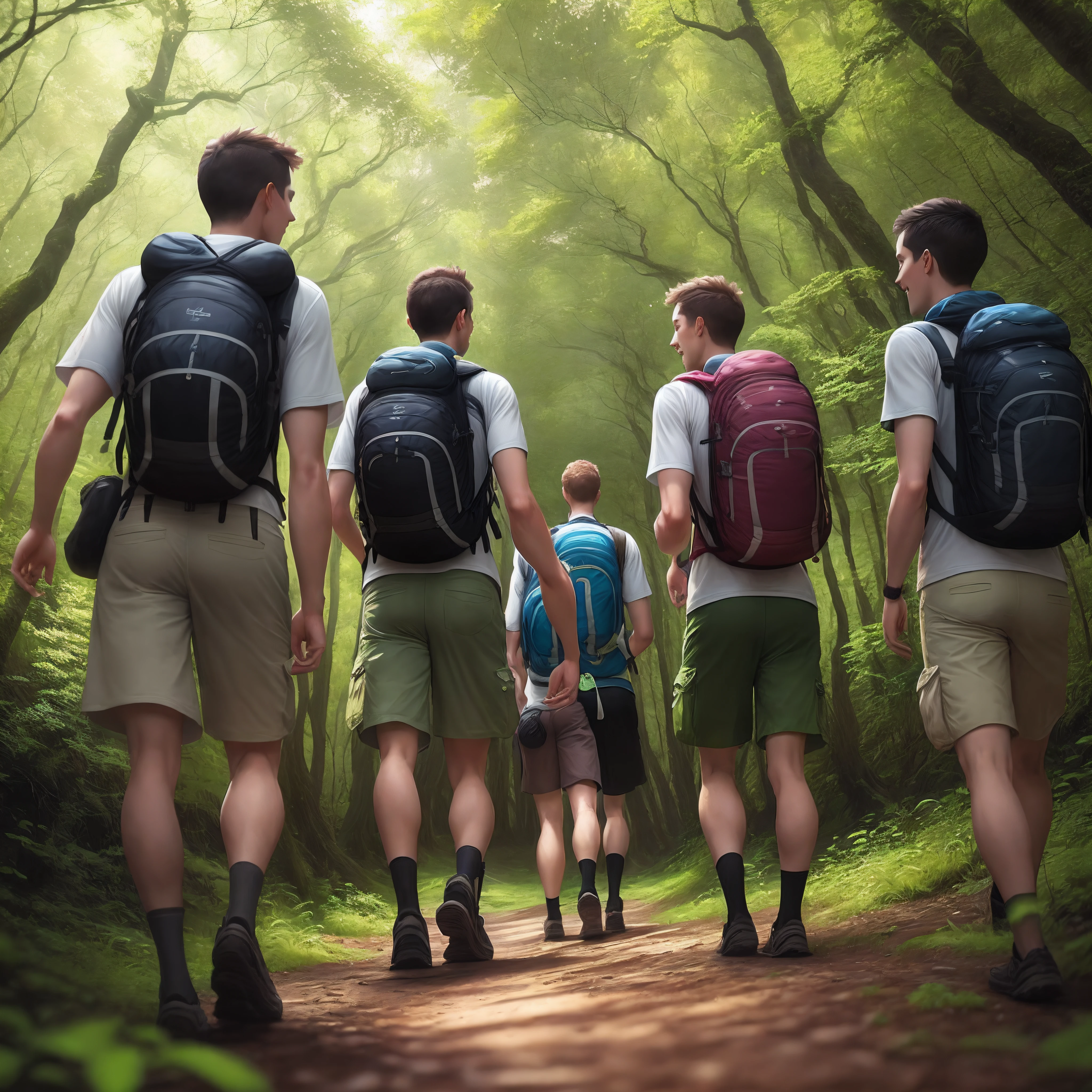 Five male friends in hiking gear walking through a lush green forest