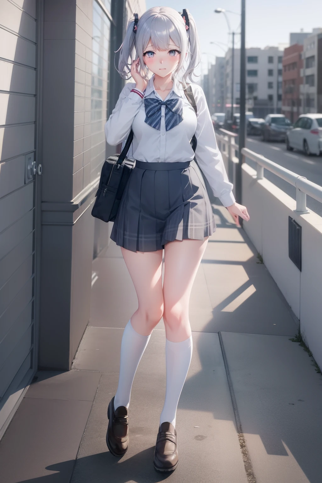Anime character with gray hair and bow tie in school uniform, chiaki nanami from danganronpa, digital art from danganronpa, kantai collection style, akane owari danganronpa, render of a cute 3d anime girl, hyperrealistic schoolgirl, render of april, Nyaruko-san, single character full body