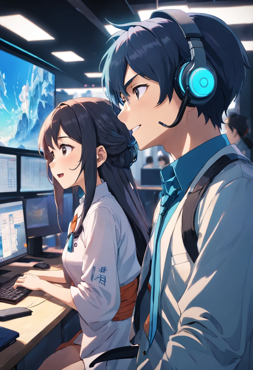 background is office、Two men and women in their 20s wearing headsets、Bright smile、Geared towards PCs、Customer