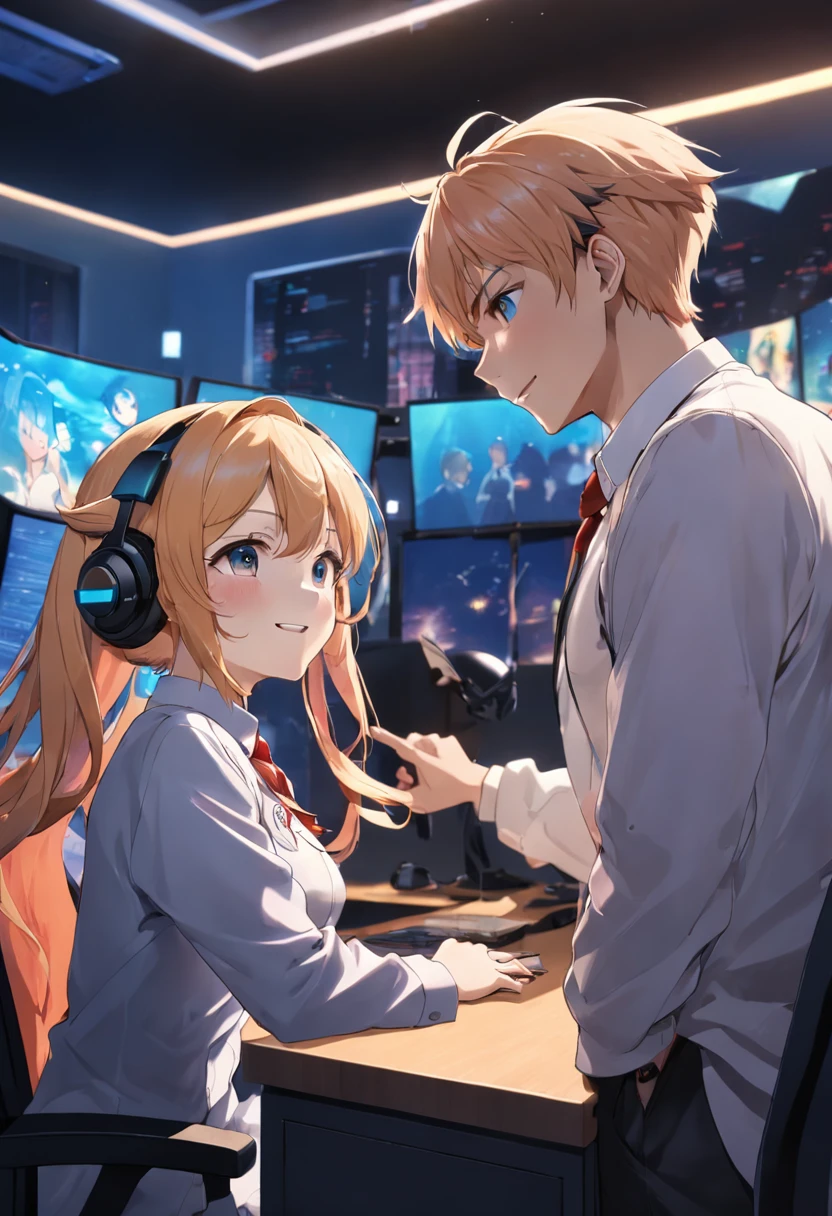 background is office、Two men and women in their 20s wearing headsets、Bright smile、Geared towards PCs、Customer