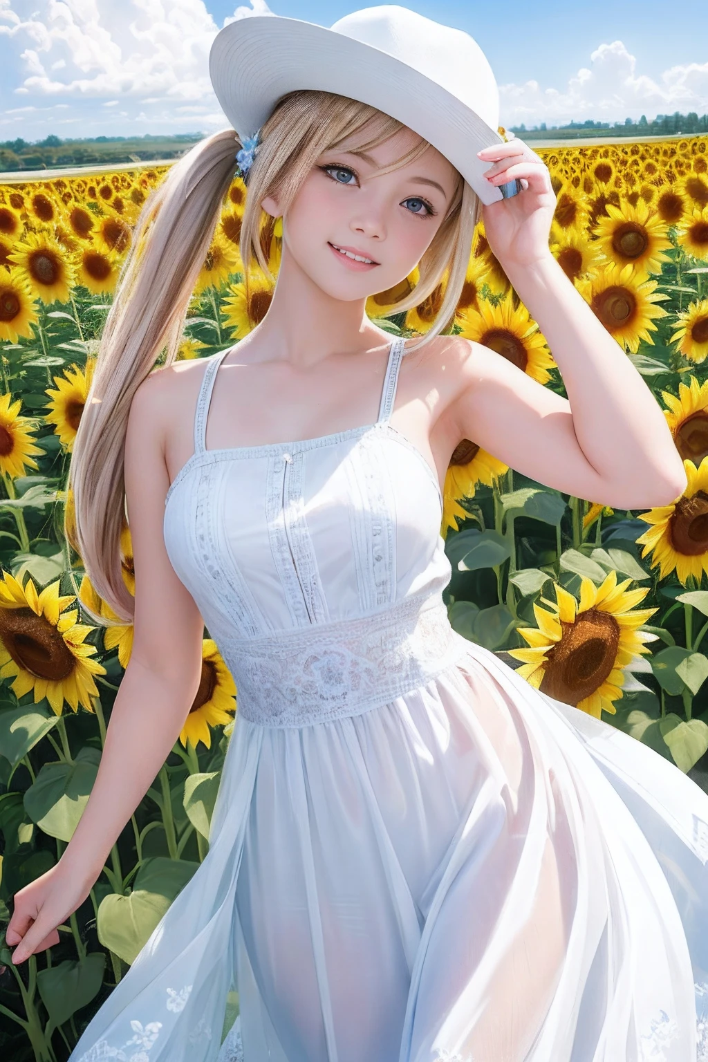 (8K, RAW Photos, Realistic, photo-Realistic:1.5), masterpiece, Highest quality, High resolution, Very detailed, Detailed Background, Cinema Lighting, ((Completely naked)),((Small breasts))Dynamic Angle, Lens flare, dramatic, One Girl, pretty girl, alone, Wind, Light blonde hair, blue eyes, Very long twin tails, White Hat, blue null, smile, Fluttering petals, flowery Field, null, sunflower, sun, Field, Fractal Art,nude
