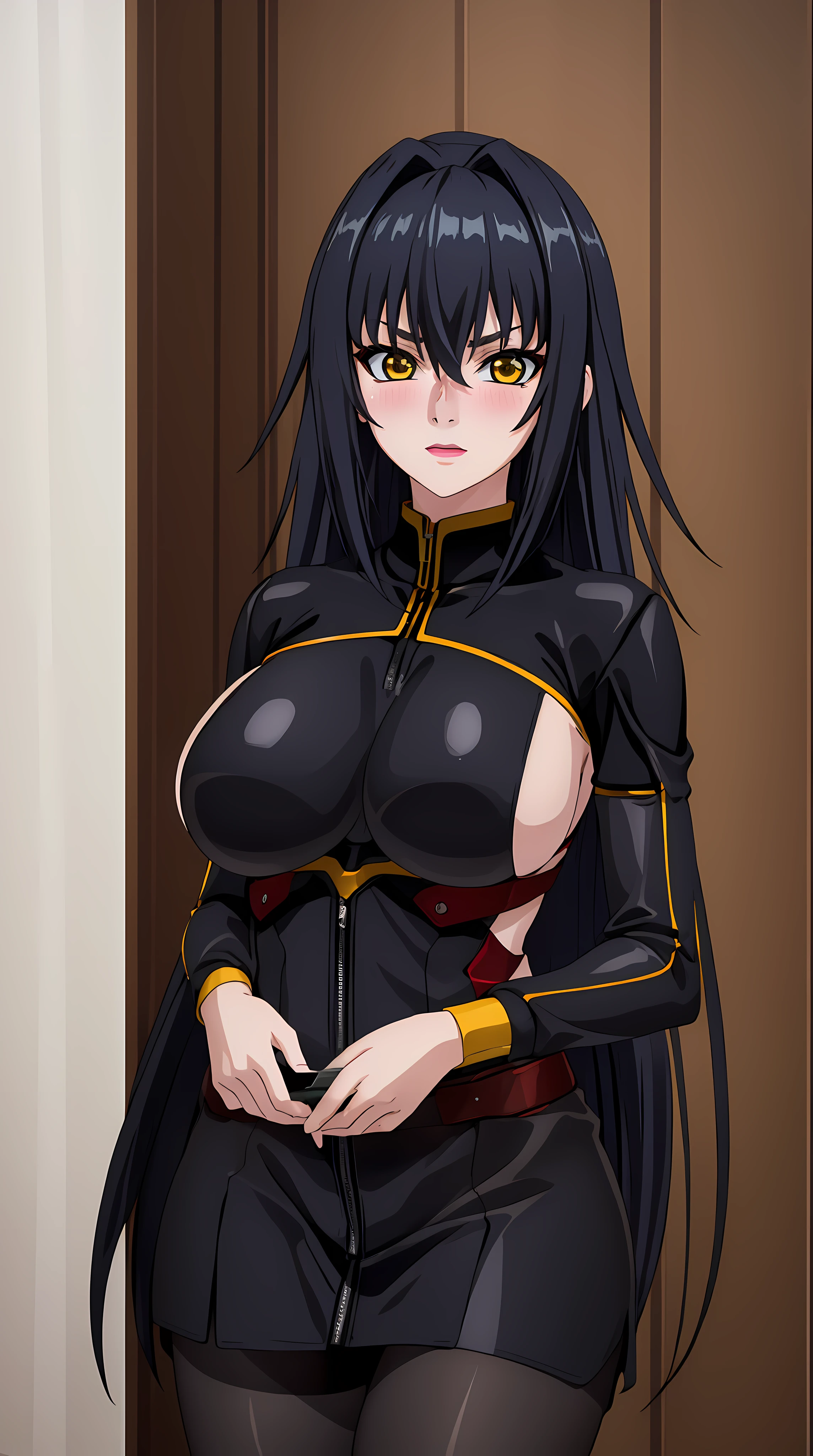 professional artwork, Intricate Details, sharp focus, detailed painting, photorealistic lighting, trending on pixiv, Standing at attention, ((black outfit ,yellow collared shirt,black and red bodysuit,skin_tight,black legwear, black pantyhose, Side_boob)), (((fully suited:1.5))) black hair,very long hair, Bangs,yellow eyes,makeup, lipstick, 40yo,mature female, looking at viewer,official art,extremely detailed CG unity 8k wallpaper, perfect lighting,Colorful, Bright_Front_face_Lighting, (masterpiece:1.0),(best_quality:1.0), ultra high res,ultra-detailed, photography, 8K, HDR, highres, absurdres:1.2, Kodak portra 400, film grain, blurry background, bokeh:1.2, lens flare, (vibrant_color:1.2) (Beautiful,large_Breasts:1.4), (beautiful_face:1.5),(narrow_waist), (solo:1.4), ((cowboy shot:1.4, closeup)), annerose:1, (blushing, shy, tsundere:1),