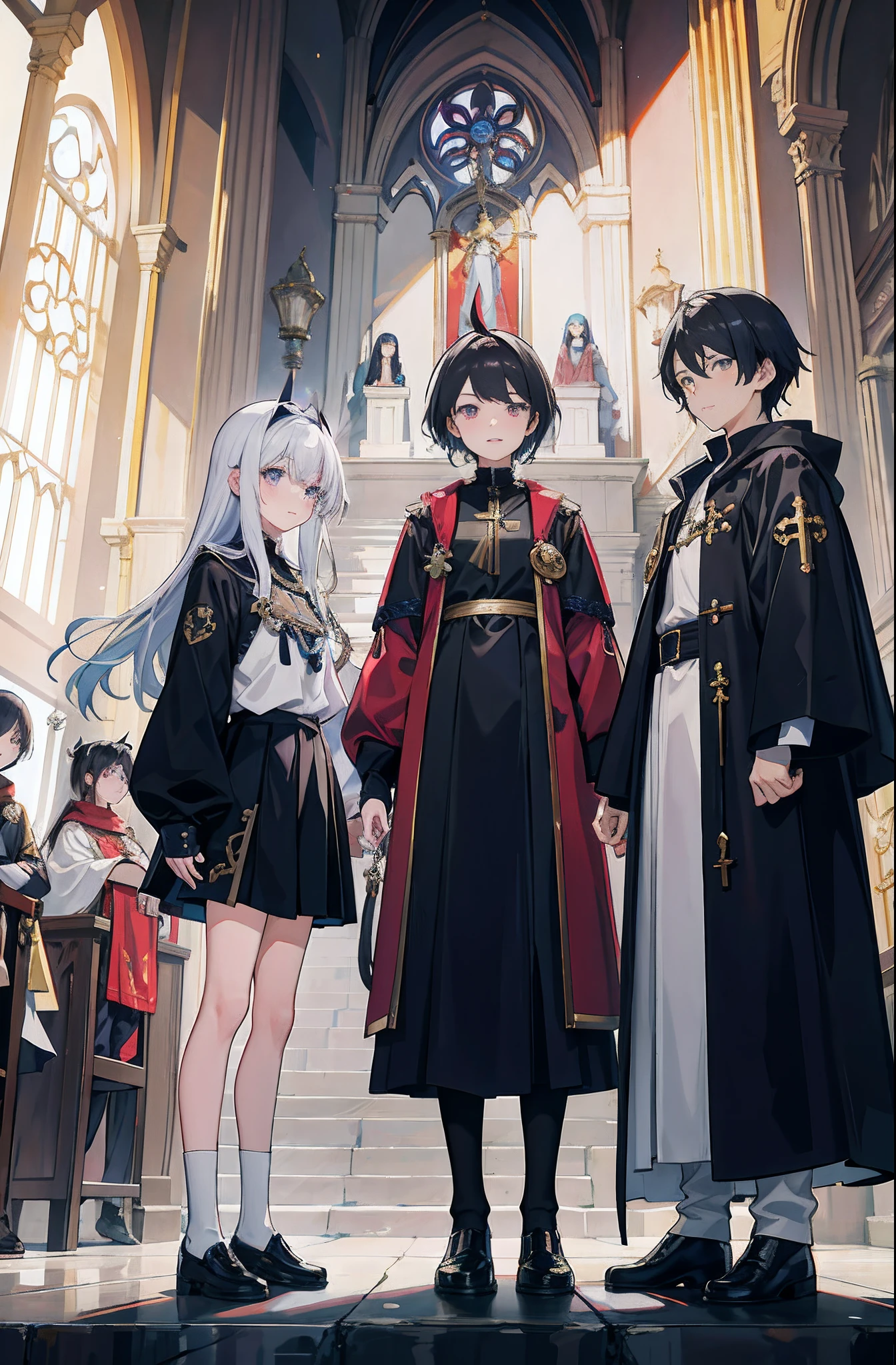 Anime characters standing in church with priests and priests, popular isekai anime, anime key visual”, anime key visual concept, official anime key visual, key visual, anime key visual concept art of, isekai, high detailed official artwork, anime key visual, visual novel key visual, anime key art, anime background key visual, offcial art, Official anime artwork,black hair, hair bobbles, wince, longeyelashes, solid circle eyes, fake animal ears, light smile, ear blush, fang, Surrealism, drop shadow, anaglyph, stereogram, tachi-e, pov, atmospheric perspective, 8k, super detail, ccurate, best quality, UHD, masterpiece, textured skin, high quality, best quality, 16k