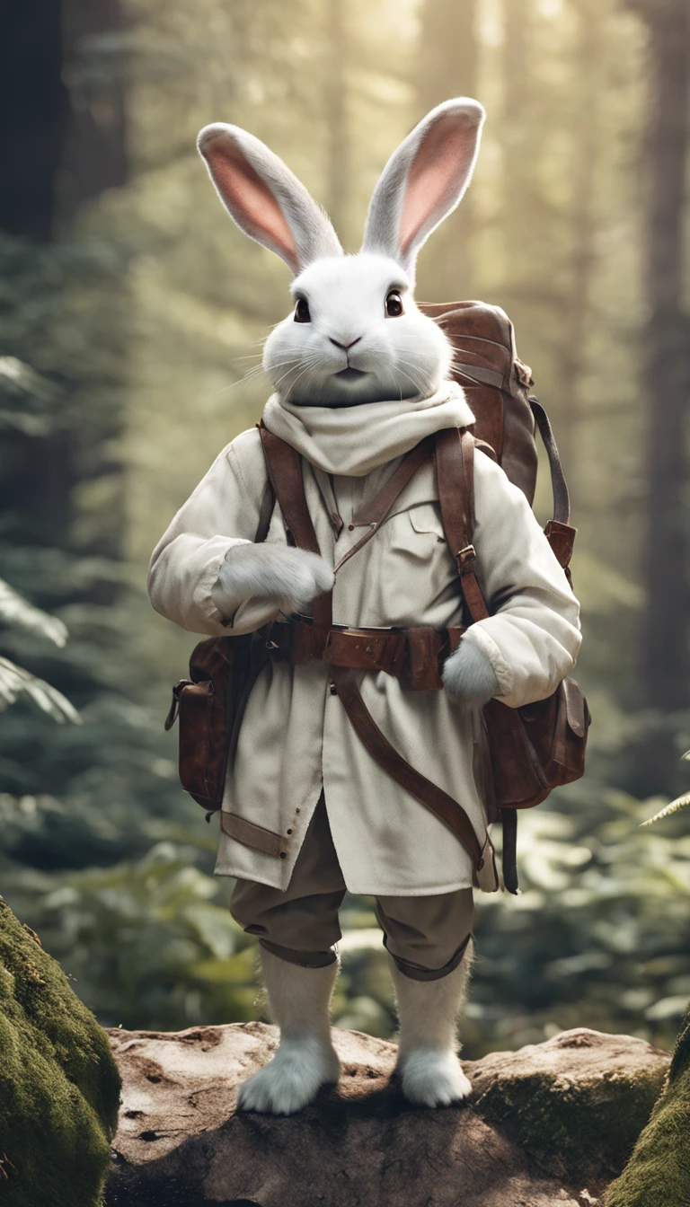 Classic negative portrait photo, fantasy video game character concept art, a cute white fluffy rabbit with a small brown leather backpack looking at a map hiking through the forest, dungeons and dragons, fantasy, river, haze, halo, Bloom, dramatic atmosphere, dark fantasy film of the 1970s, centered, rule of thirds