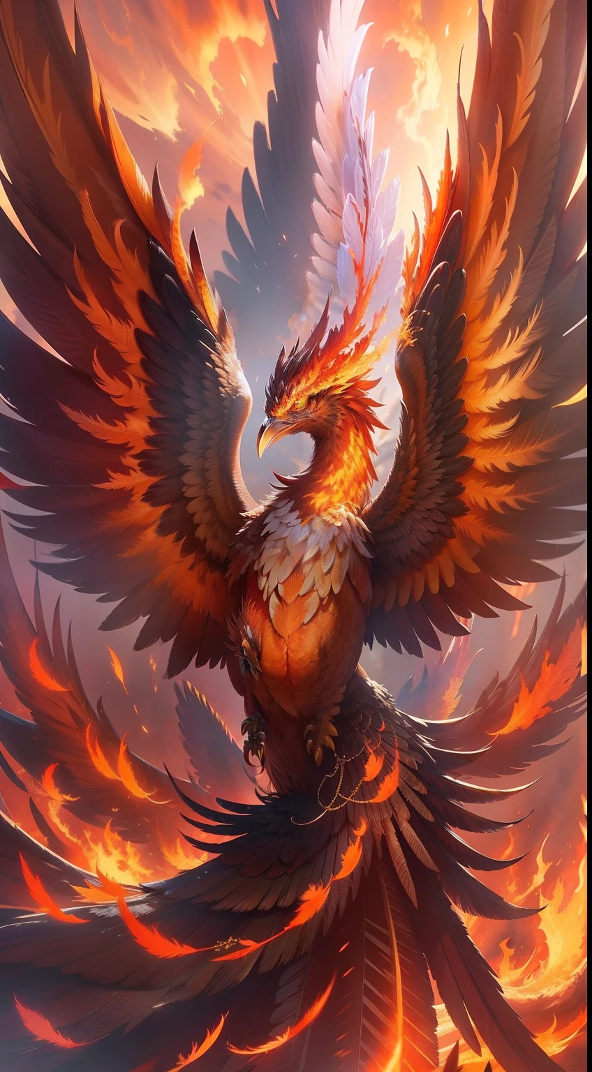 Blazing Phoenix，Gorgeous feathers，Powerful wings，A flaming phoenix，The pinnacle of light，Close-up Shot Shot。