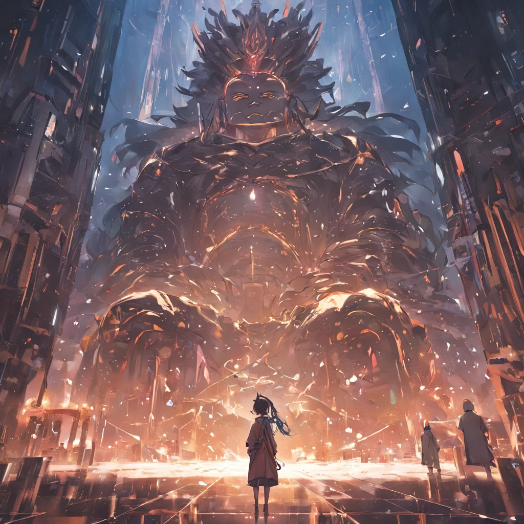 (The upper body of a giant tall Buddha statue in the distance:1.5,),(Cyberpunk city setting:1.2),(真实感:1.4),(best qualtiy:1.0),(超高分辨率:1.0),8k,RAW photos,(tmasterpiece:0.2),ultra - detailed,(Pilgrims on the road:0.8