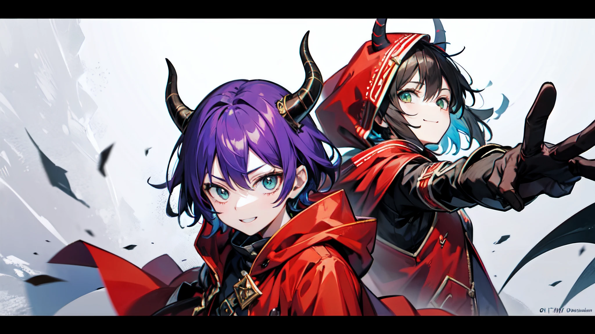 top-quality、​masterpiece、Boy with short purple hair、Green eyes、demonic horns、A smile、red cloak、Composition that reflects the whole body、combat pose、Thumbnail image、Blue background