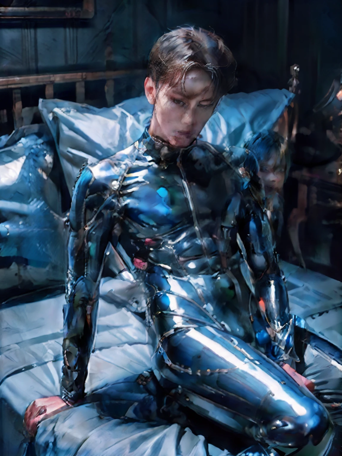 shinji，are standing，The limbs were tied with iron chains，Lie down in bed，Tied up，Can't move，full bodyesbian，Sunny and handsome，Muscular body，large muscle，fully body photo，One-piece latex garment，latex shiny, latex legwear，latex glove，Shin Evangelion，Put it on the combat base，Blue tight combat suit，Latex Combat Suit，Wear latex clothing, Wearing a blue skinny suit, Smooth pink skin,  Wearing latex, shiny plastic, shiny metallic glossy skin, Sparkly Colors, latex outfit, chrome bodysuit, cyberpunk glossy latex suit, Shiny, futuristic glossy latex suit