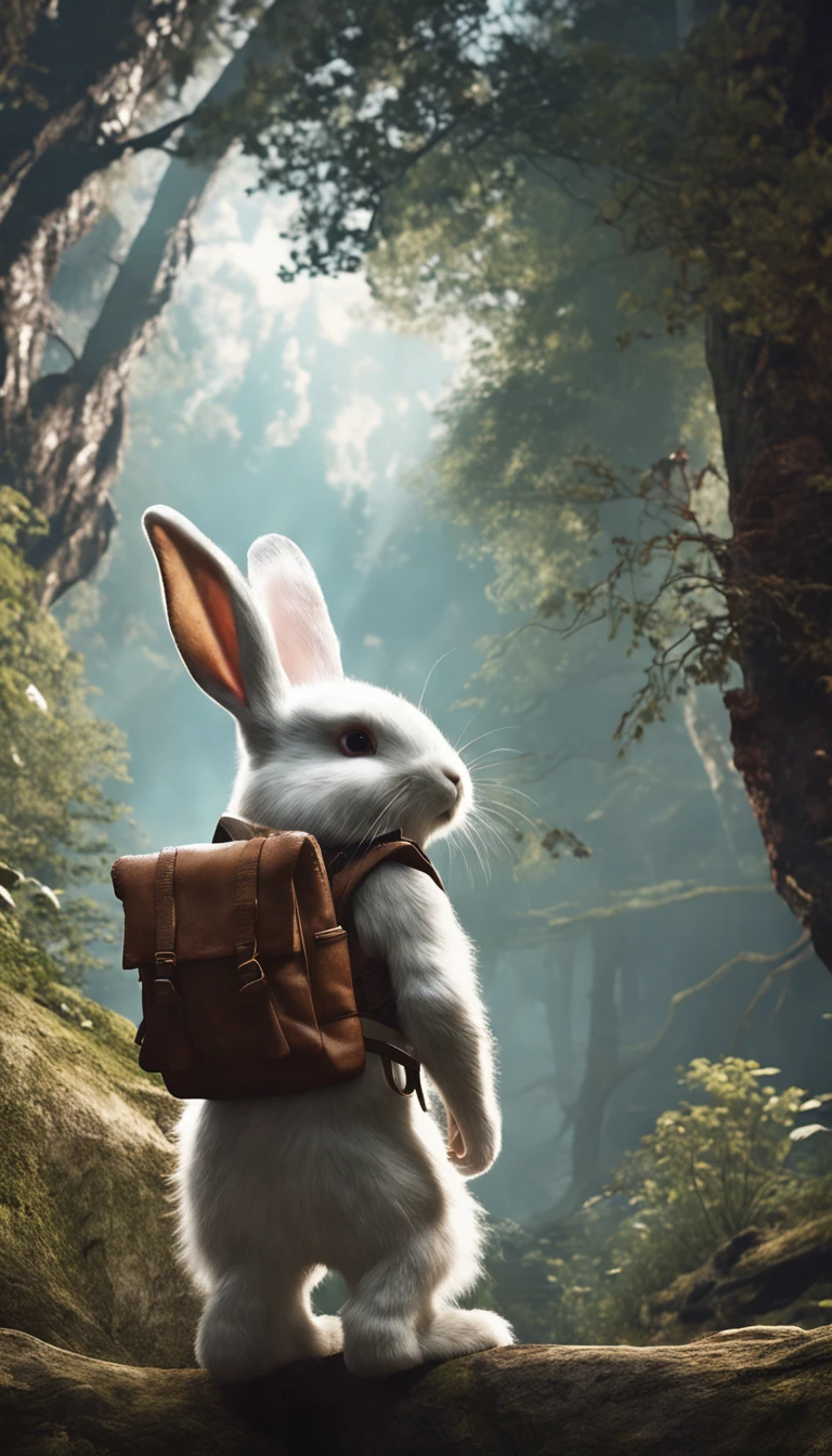 Classic negative portrait photo, fantasy video game character concept art, a cute white fluffy rabbit with a small brown leather backpack looking at a map hiking through the forest, dungeons and dragons, fantasy, river, haze, halo, Bloom, dramatic atmosphere, dark fantasy film of the 1970s, centered, rule of thirds