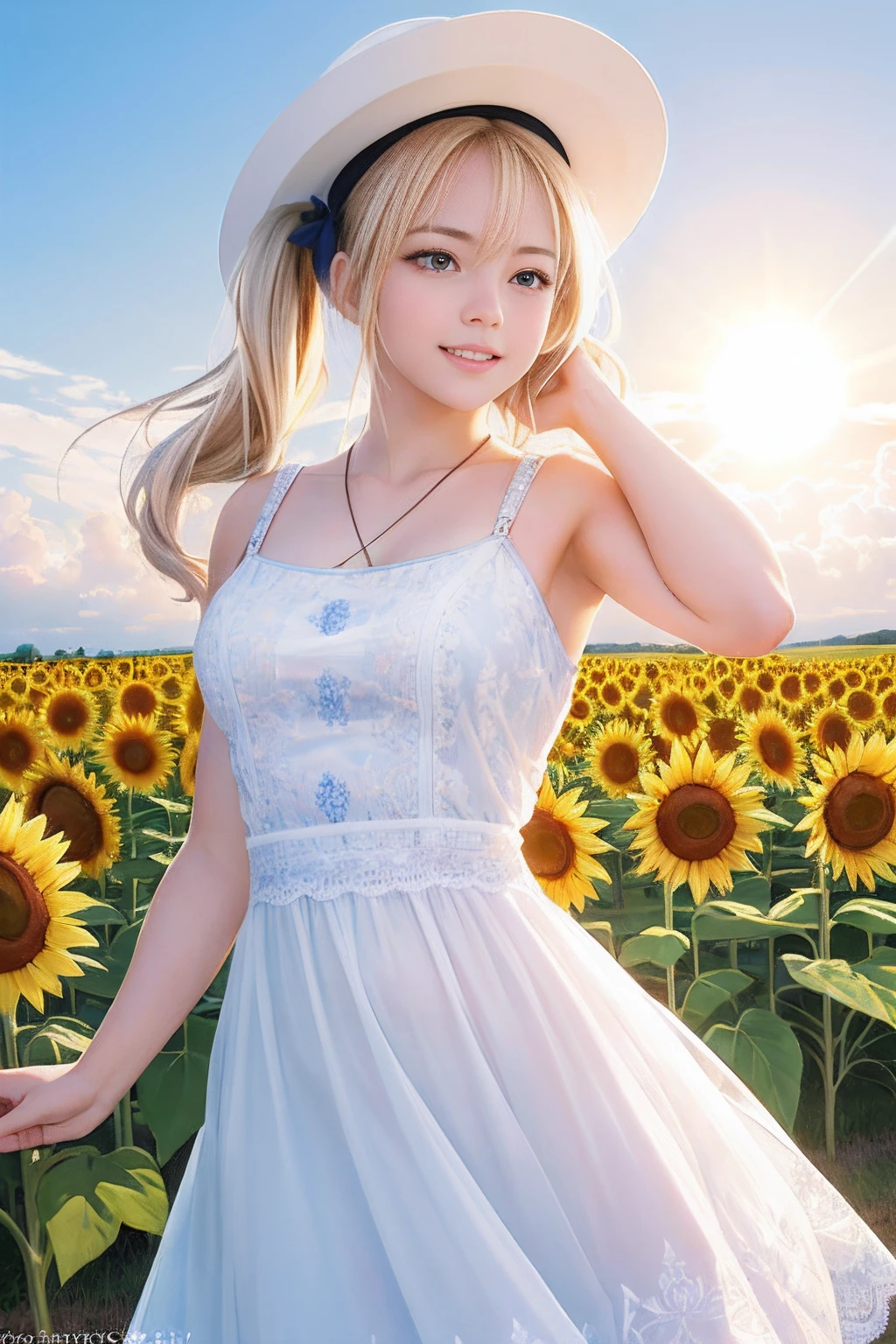 (8k, RAW photo, realistic, photo-realistic:1.5), masterpiece, best quality, high resolution, extremely detailed, detailed background, cinematic lighting, dynamic angle, lens flare, dramatic, 1girl, cute girl, solo, wind, pale-blonde hair, blue eyes, very long twintails, white hat, white dress, blue sky, laugh, flying petal, flowery field, sky, sunflower, sun, field