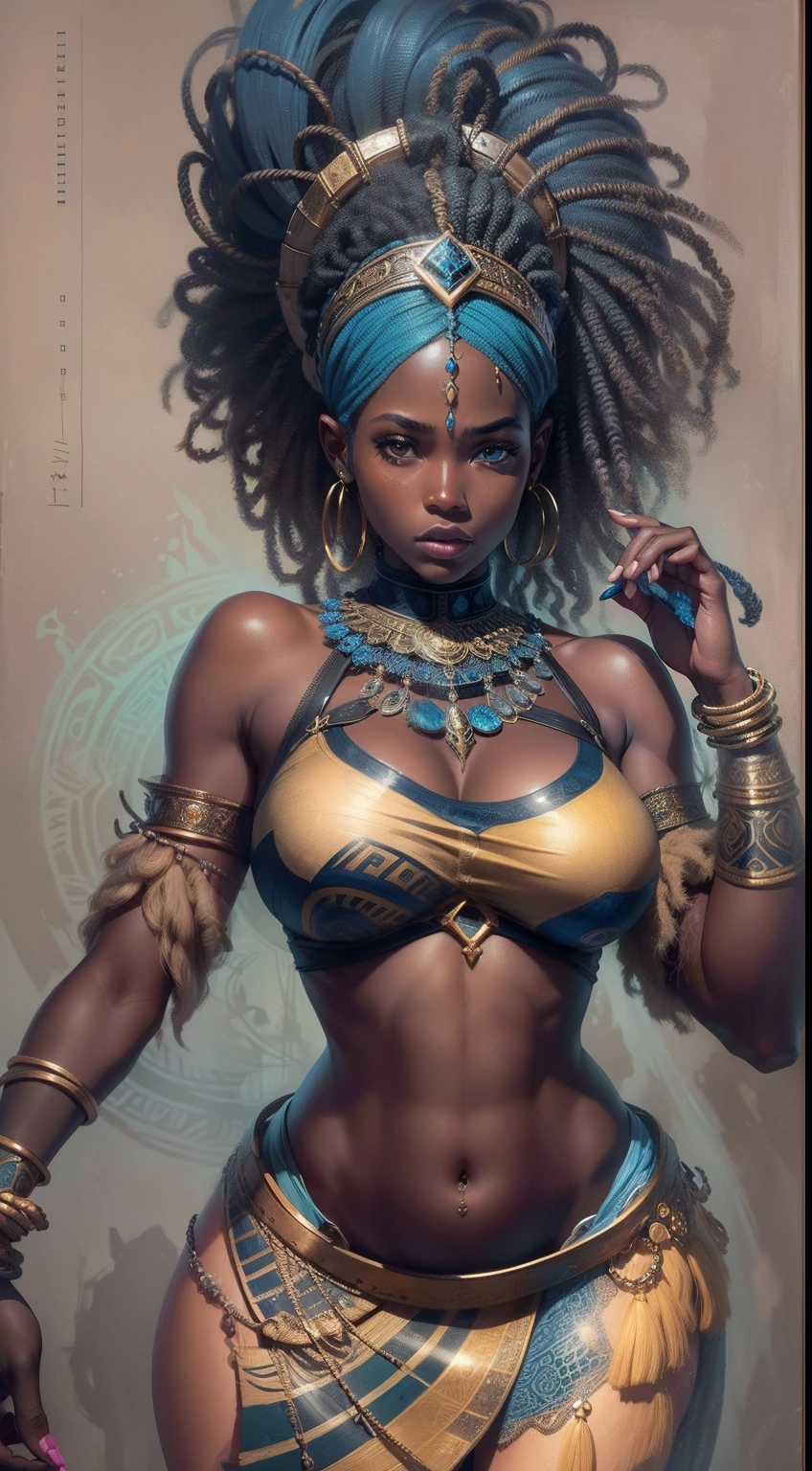 Woman Ebony goddess, afro descendant, full body, undressed, show breasts, show , full body view, spread legs, big boobs, big breasts, big ass, voluptuously, long afro volume hair, intricate tribal hair design, holding a long spear with tribal markings, wearing a cape only.