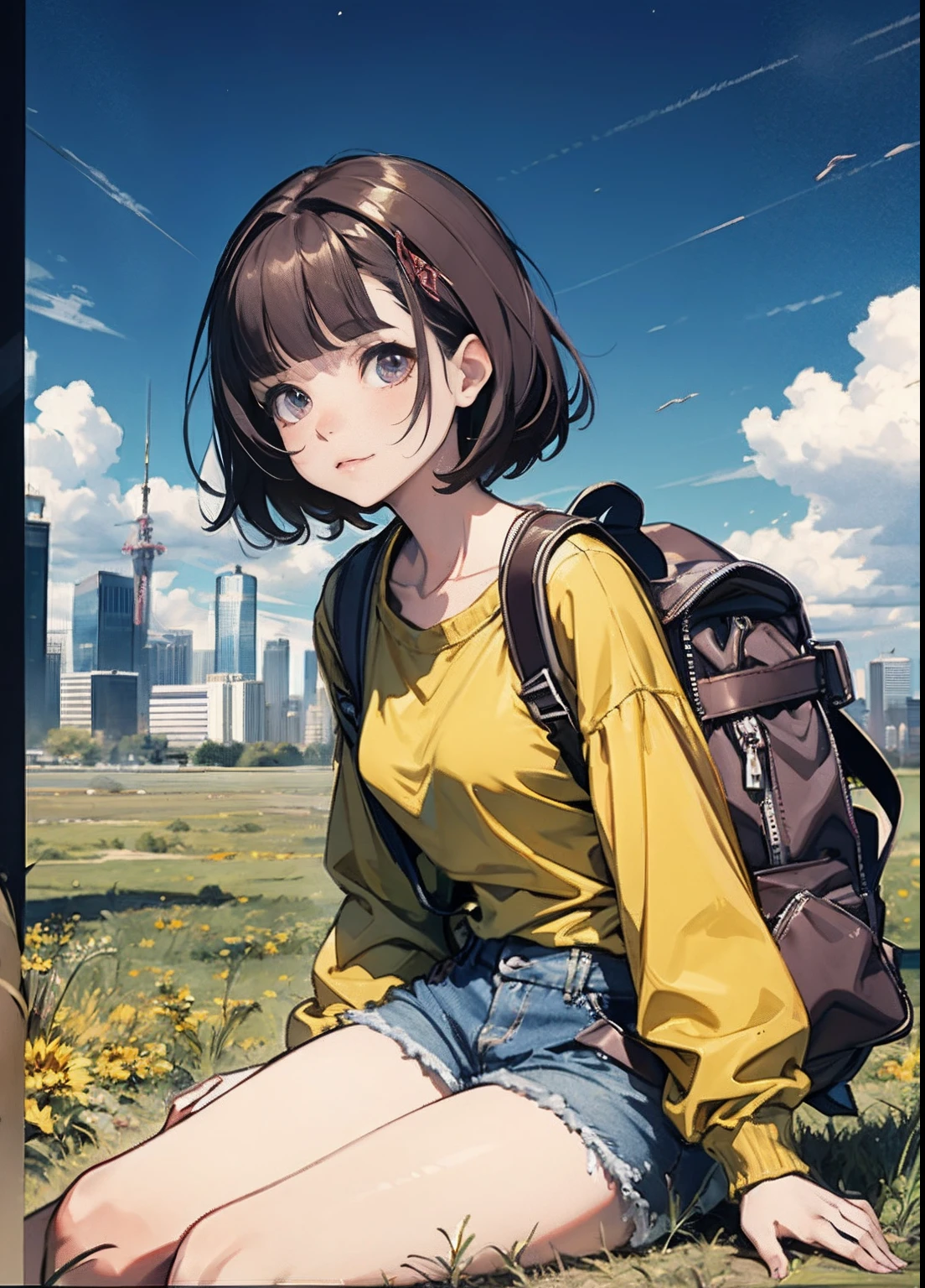 Vast Hadaka straddling naked、the beautiful skyline、Large grasslands、extremely tense and dramatic pictures、the moving visual effects、high hanging Polaris、and colorful natural light。Long-sleeved tops、Denim shorts、And a girl with a backpack。