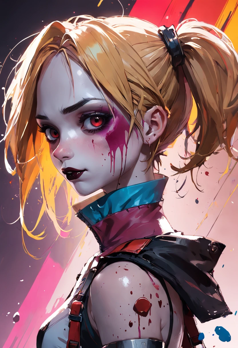 Create a medium shot, colored digital line art portrait of harley quinn character in the style of artists like Russ Mills, Sakimichan, Wlop, Loish, Artgerm, Darek Zabrocki, and Jean-Baptiste Monge. Include colorful splatter drippings, paper texture, and perfect shading, with dramatic lighting. The artwork should be centered, stylized, and elaborate, with a beautiful dress, gorgeous eyes, and a dynamic pose. TanvirTamim. rendered in 8K resolution for high-quality detail