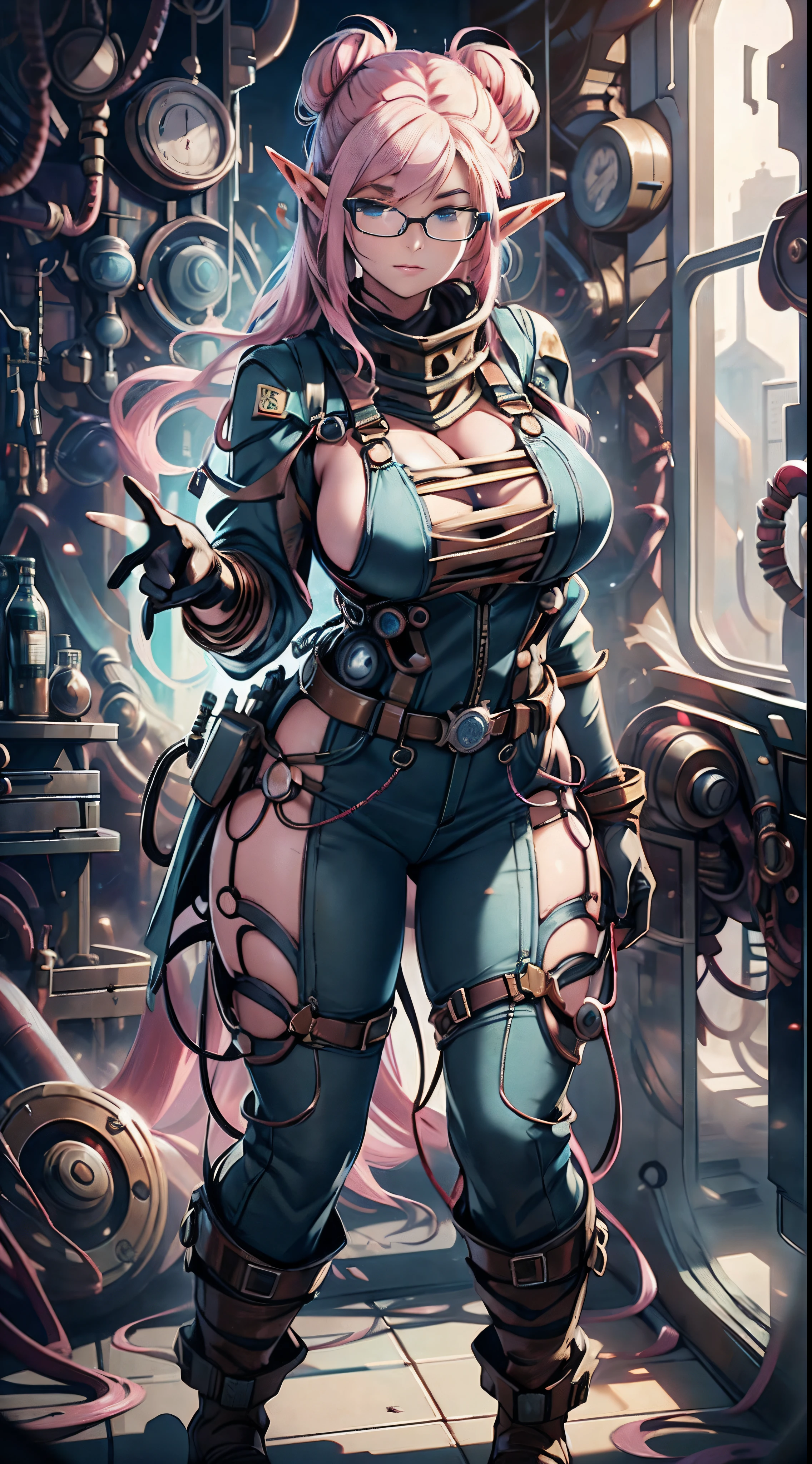 Dirty female elf mechanic,Complex mechanical room 1 girl, (Solo:1.5), Full body shot,, Wear only one overalls,, Blue eyes ,Slim figure,Large breasts, Glasses, Hair combed into a messy bun,Golden hair,slimfigure,rimless eyewears,Covered in oil,Dimly lit room。A pink-haired