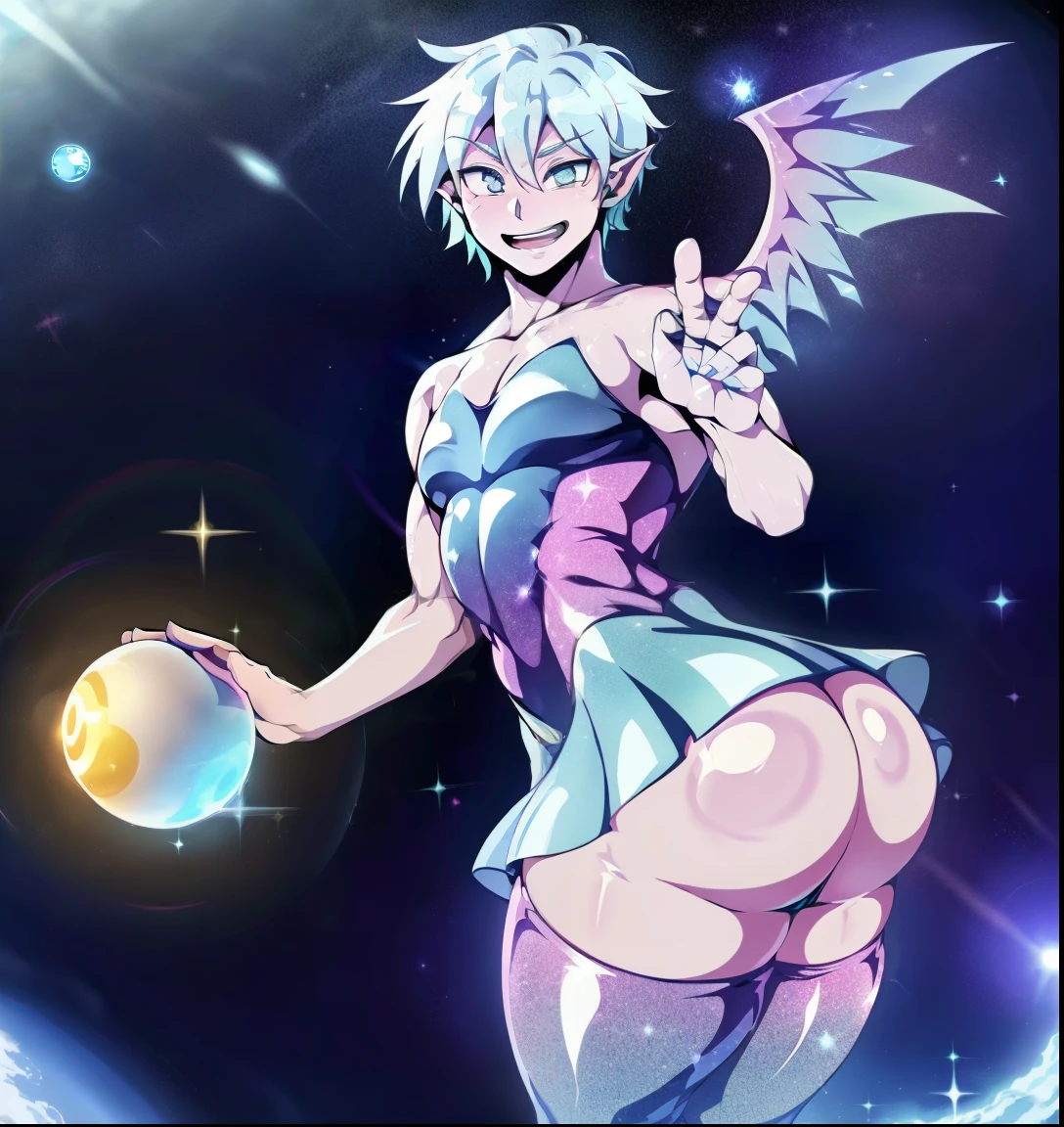 young man, (((male))), (male face), boy, (twink), (((one person))), (((single))), (((solo))), 1guy, pointy ears, (((pale blue colored hair))), (((silver colored eyes))), (((iridescent eyes))), (glowing eyes), pale skin, galaxy in the background, space in the background, stars and planets in the background, (((Anime style))), (((sparkling clothes)) (((glitter))), ((shiny clothes)), ((colourful sparkles)), (((floating in space))), (holding a colourful glowing orb), magic, ((holographic wings)), flowy short skirt, short flowy skirt, smiling, bottom heavy , hyper_thighs, massive ass