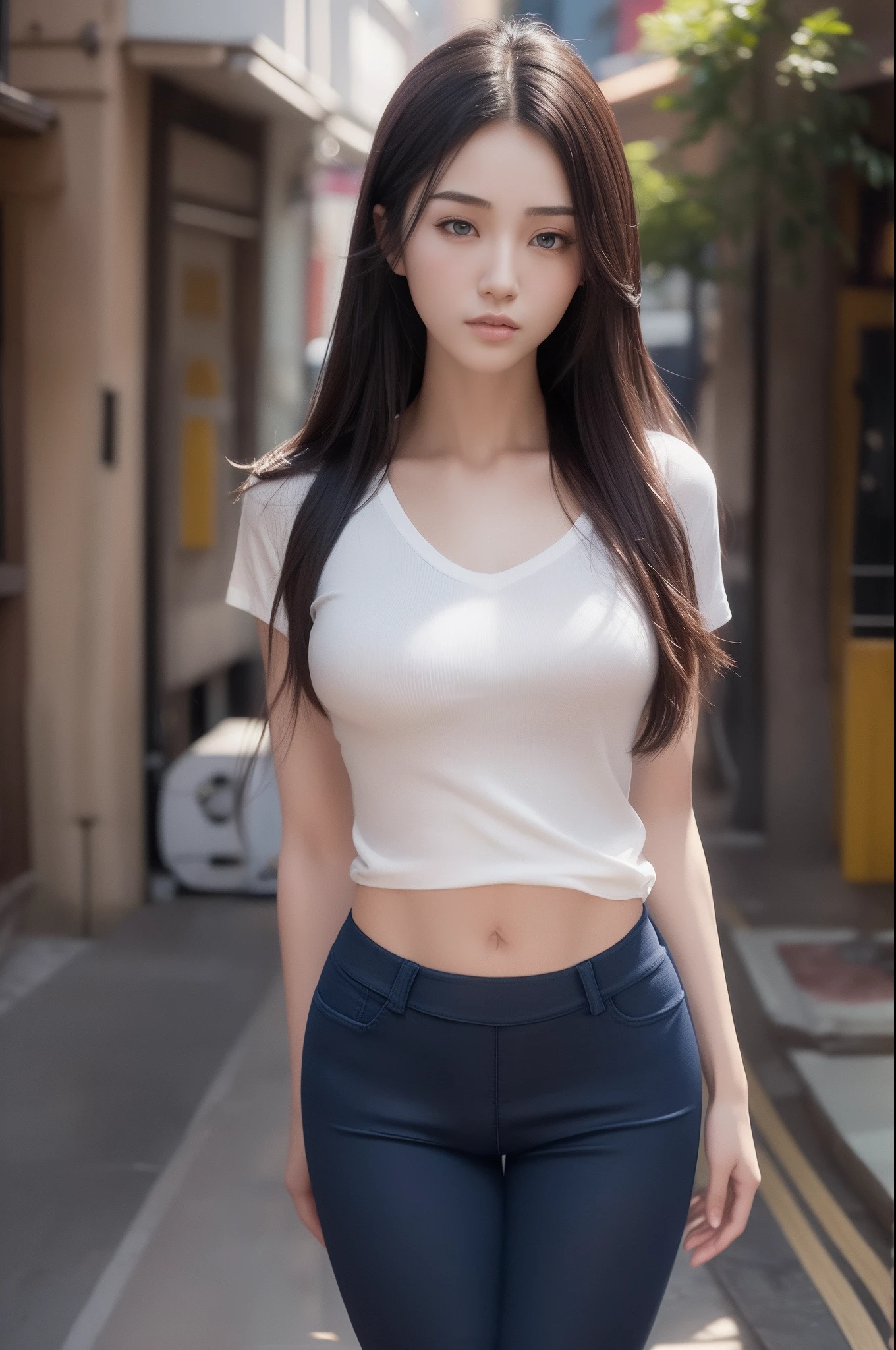 (((Realistic face skin))),(full body shot shot)，A beautiful Chinese beautiful girl，(((The chest is slightly large)))，Slender hands，slim toned body，Exquisite facial features，Delicate big eyes，（((Wearing a white tight T-shirt)))，(((Dark blue skinny trousers))),(thigh gap:1.6)，Ultra-delicate creases at the bottom of the thighs，Dark blue skinny professional trousers，Face focusing，shallowdepthoffield，long whitr hair，16K quality，Expressed in octane number，Full body portrait，Realistic street scene，3D quality aesthetics，the detail，Light，Bright light on the face，floatking，