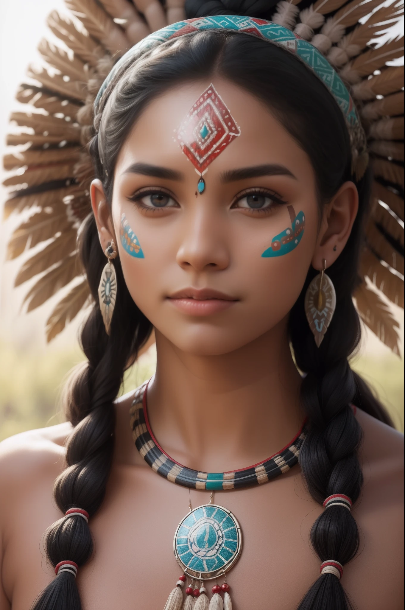 {{full color}}, {{medium shot}, tight framing}, (side by side), {(three) (young american indian girls), anime style, petite, cute}, {wearing (earth-colored bikini lingerie), (long gloves), (cotton scarf), (feather headdress)}, evil smile, (hair tied), (looking visualizer), {slender figure, mayoral anatomy}, {arms behind back, hidden hands}, {(face painting), (body painting), lot of (tribal tattoos)},  (skin pores, skin texture, subsurface scattering), (absurd), (masterpiece, best quality, ultra thin), (hyper detailed, beautiful face detailed, insanely detailed skin, insanely detailed resolution, ultra texture, perfect detailed face, sharp focus, blurred, clarity, sharp, octane render, unreal engine, low iso, sharp edges), (cinematic color classification, photorealistic, ultrarealistic, sunny landscape in daylight, natural lighting,  HDR), (DOF, bokeh, atmospheric)