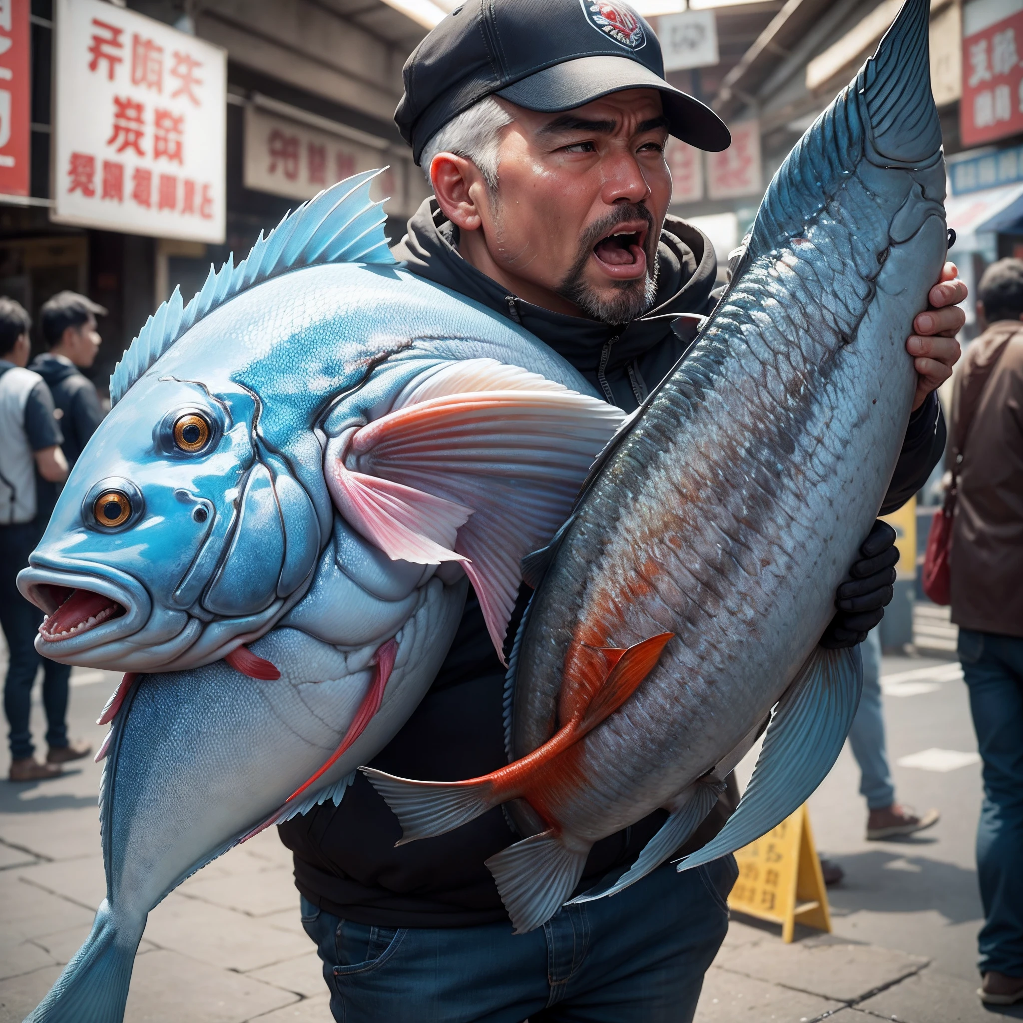 hyper HD,highest details,best qualityer,The background is a bustling fish market,In front of him is a close-up of a fishmonger,Open-mouthed,Speak loudly,agitated,超高分辨率,tmasterpiece --auto