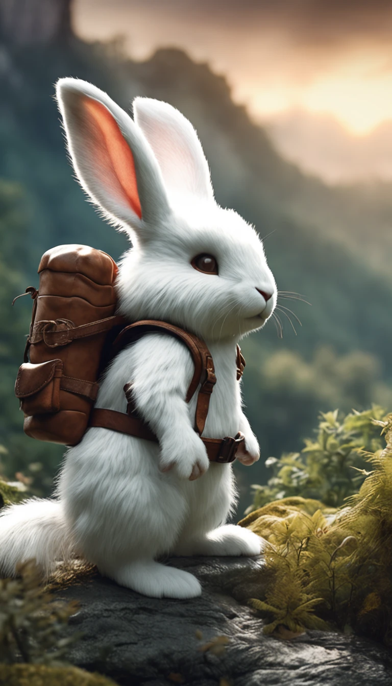 Classic negative portrait photo, fantasy video game character concept art, a cute white fluffy rabbit with a small brown leather backpack looking at a map hiking through the forest, dungeons and dragons, fantasy, river, haze, halo, Bloom, dramatic atmosphere, dark fantasy film of the 1970s, centered, rule of thirds