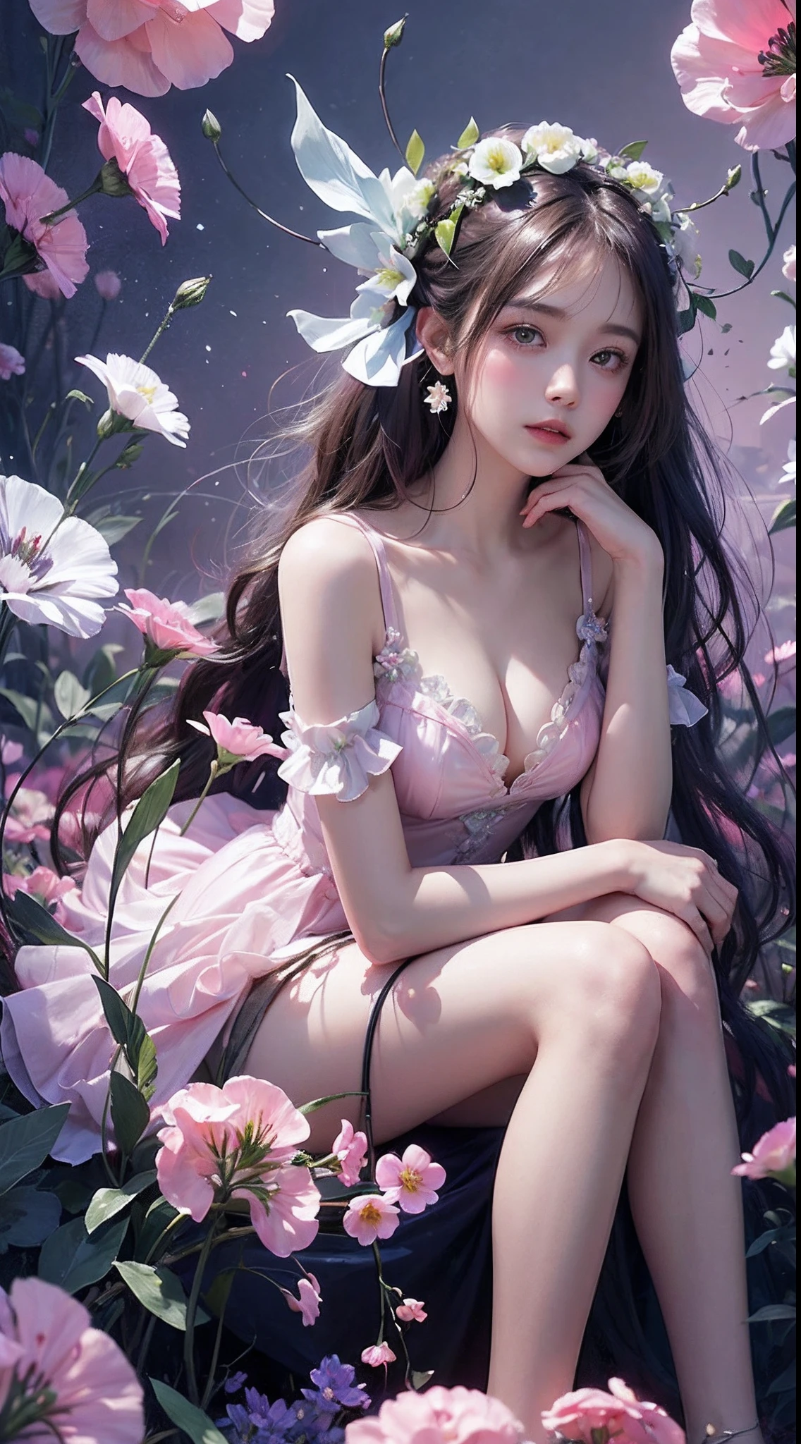 1girl, long hair, flower, Lisianthus, in the style of light pink and light azure, dreamy and romantic compositions, pale pink, ethereal foliage, playful arrangements,fantasy, high contrast, ink strokes, explosions, over exposure, purple and red tone impression, abstract, sitting, whole body capture,