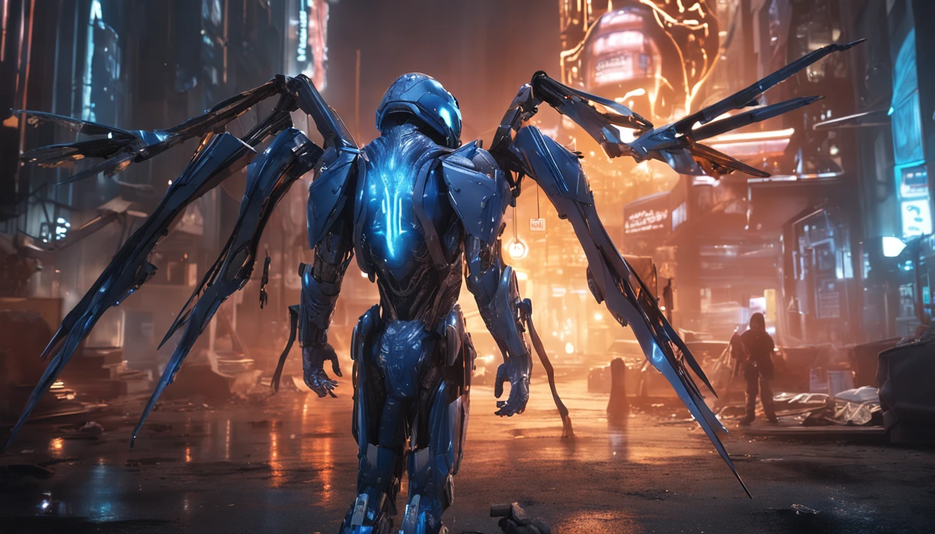 Blue Ghost Hunter, super cool Ghost Killer, has huge mechanical wings, wears blue mechanical armor, lightning surrounds, holds a katana, comes with great momentum, frontal perspective, perfect body proportions, tall figure, full body photo, super detail, realistic, shiny, reflective, bioluminescence, galactic cybernetic mask, mecha, (executioner: 1.2), cape, SH4G0D, GlowingRunes_red, full body, movie, dark background, backlight, high contrast,