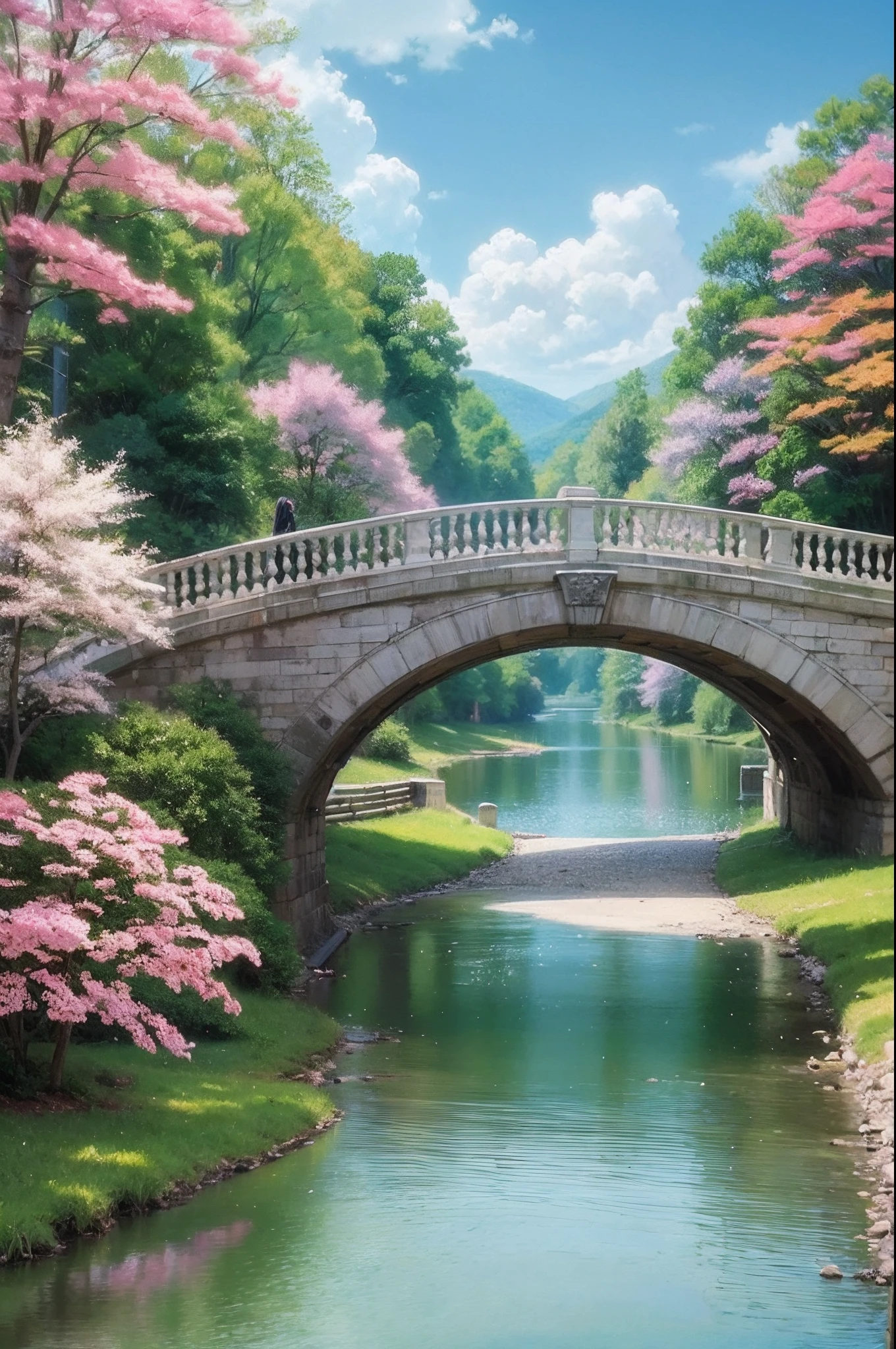 a painting of a bridge over a body of water, anime nature wallpap, anime scenery, anime nature, anime landscape, ross tran. scenic background, anime landscape wallpaper, anime background art, anime movie background, colorful anime movie background, anime beautiful peace scene, cherry blossom background, anime background, beautiful anime art style, studio ghibli environment, anime scenery concept art --auto --s2