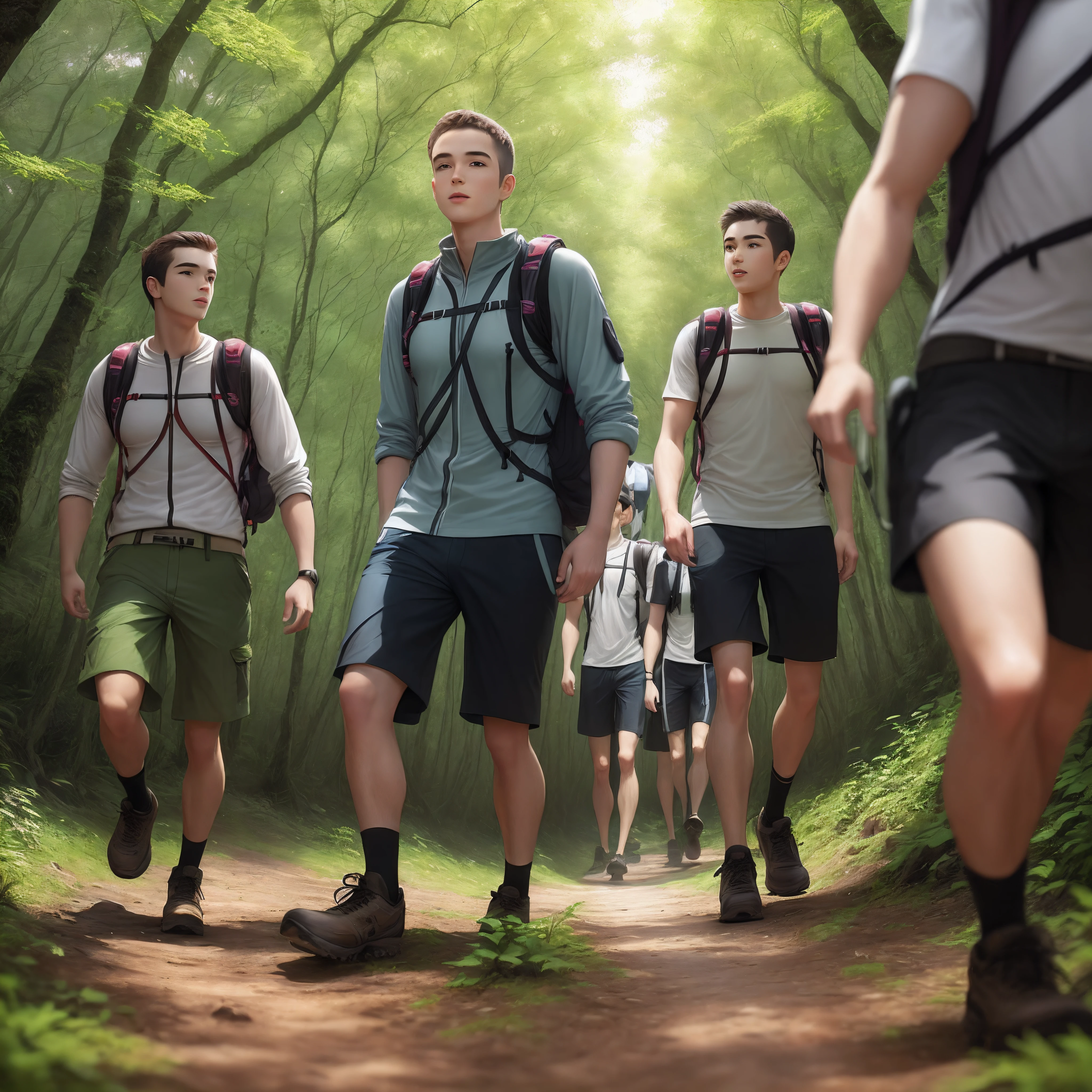 Five male friends in hiking gear walking through a lush green forest