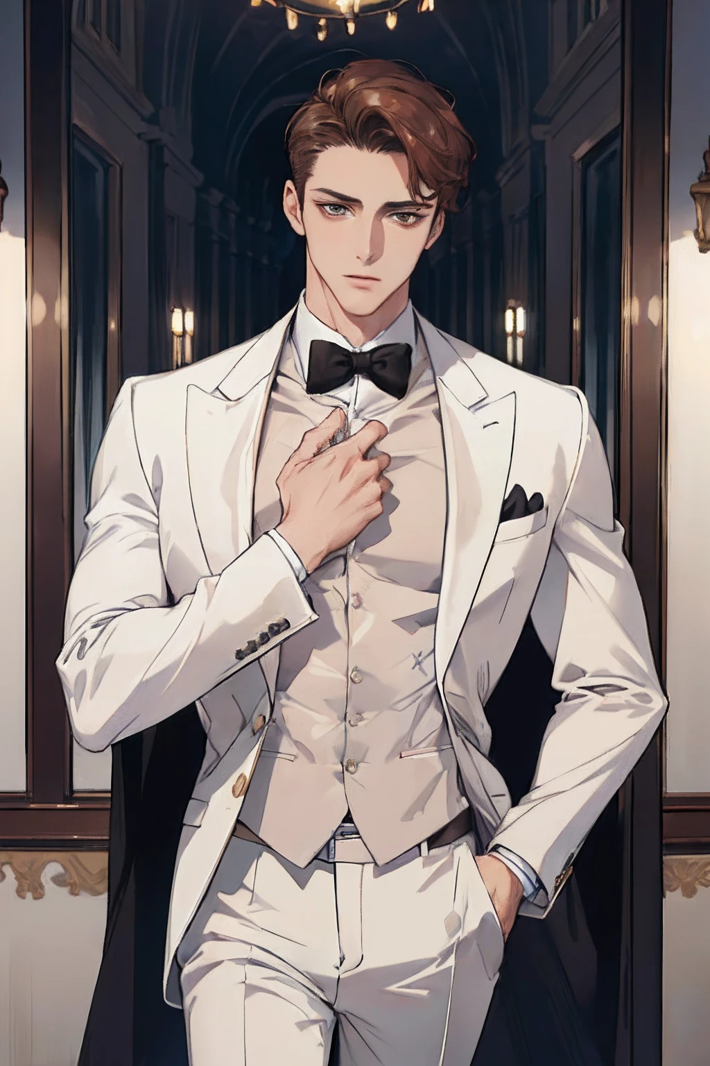 ((masterpiece:1.2, best quality)), 4k, 1man, adult, mature, handsome, very short hair, forehead, white suit, portrait, extremely detailed face, defined body, light brown eyes, brown hair (muscle:1.4, broad shoulders:1.4, disciplined body)