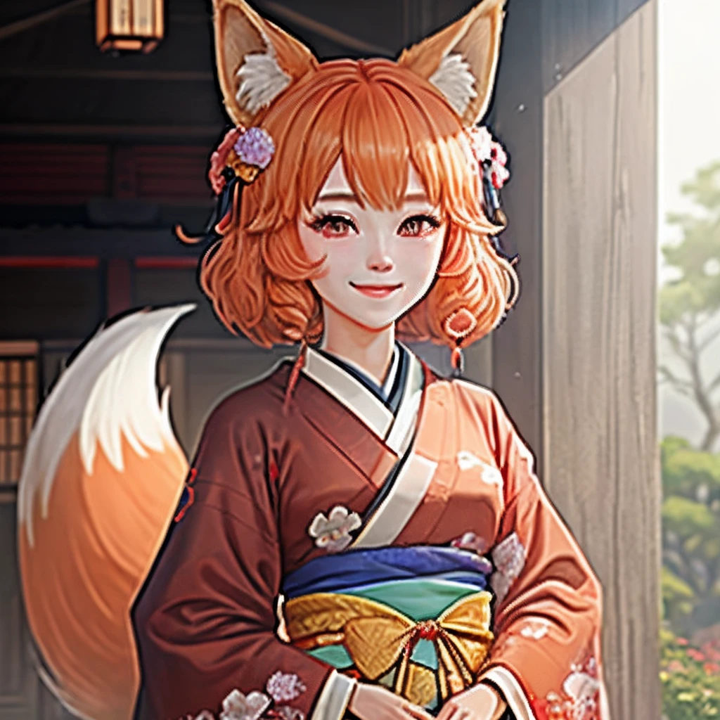 ​masterpiece, top-quality, ighly detailed, 1girl, 独奏, (:3:0.9), animal ear fluff, animal ear, orange color hair, fluffy hair, red blush, brown-eyed, florals, fox ear, fox girl, gradients, gradient background, flower in hair, hair adornments, komono, kimono, looking at the viewers, shrine maiden, a smile, 独奏, White kimono, beautiful  lighting　A black
