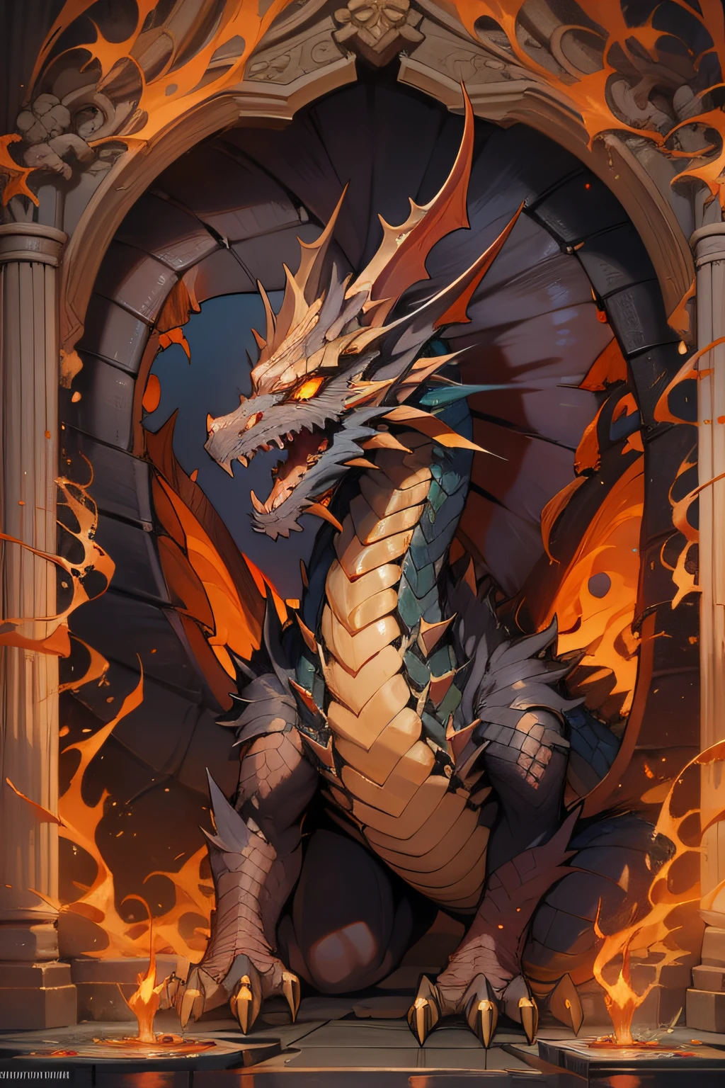 "Immerse yourself in the awe-inspiring grandeur of an enigmatic dragon bathed in the ethereal glow of infernal flames, as ancient symbols channel its mystical power."