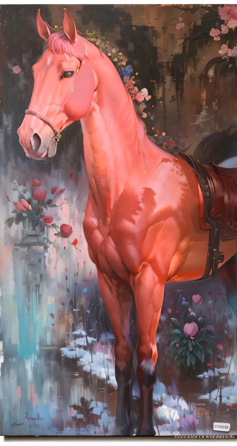 Pink peony flowers,Behind the flower there is a red horse,Horse bust,Peony flowers are super big,Impresionismo,oil painted,