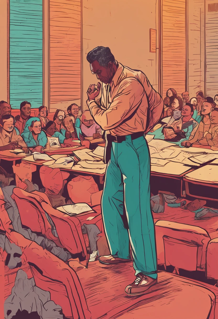 The teacher's serious figure during class,The picture has bright and warm colors