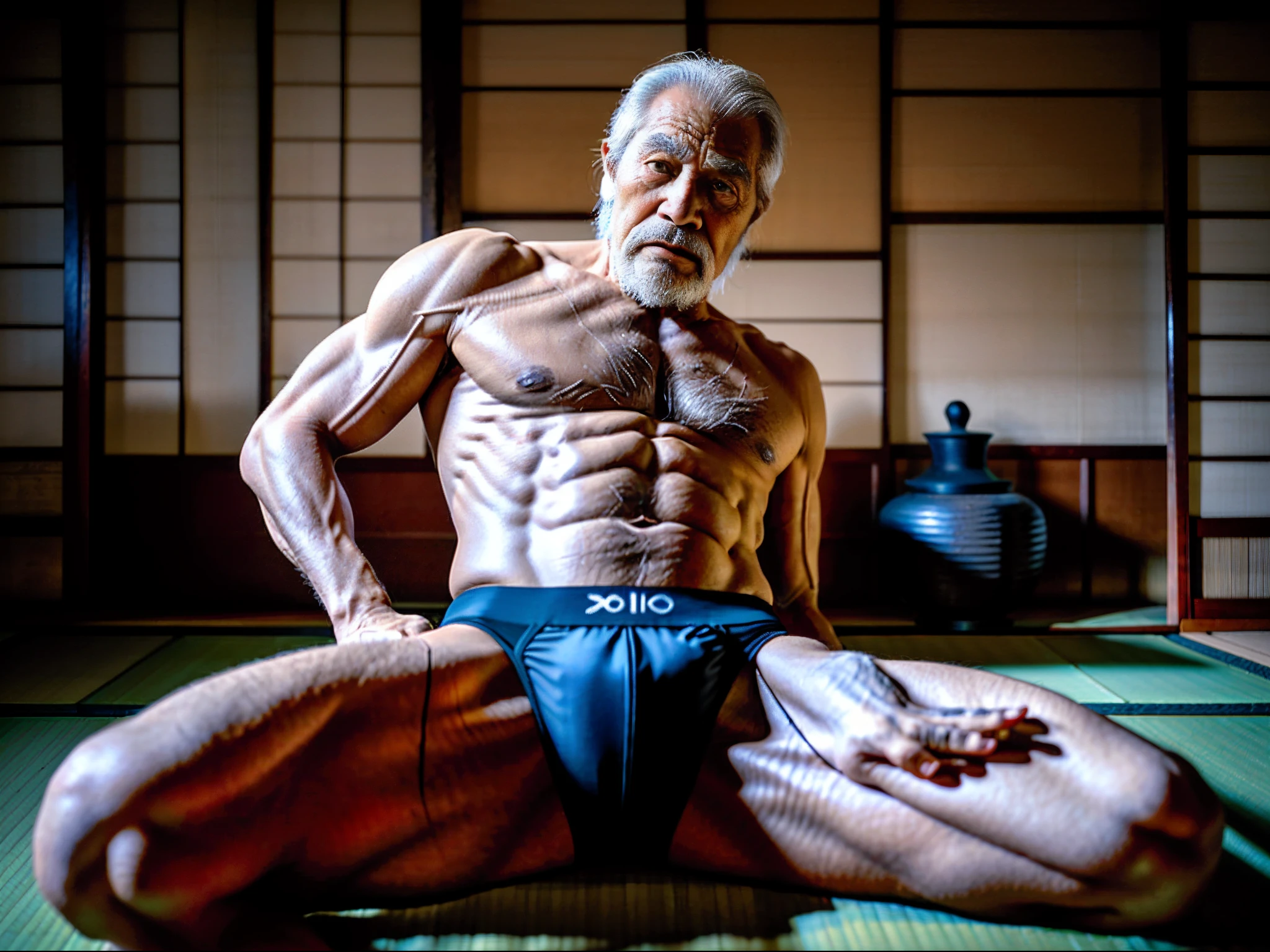 male people,soio,old age,whaite hair,Strong build,(spread their legs),(No clothes on),(Wear sexy panties),In old Japanese houses,On tatami,large bulge,The body is tied by a rope,Shyness of the crotch,Cinematic texture,metal decoration,((Clear structure))